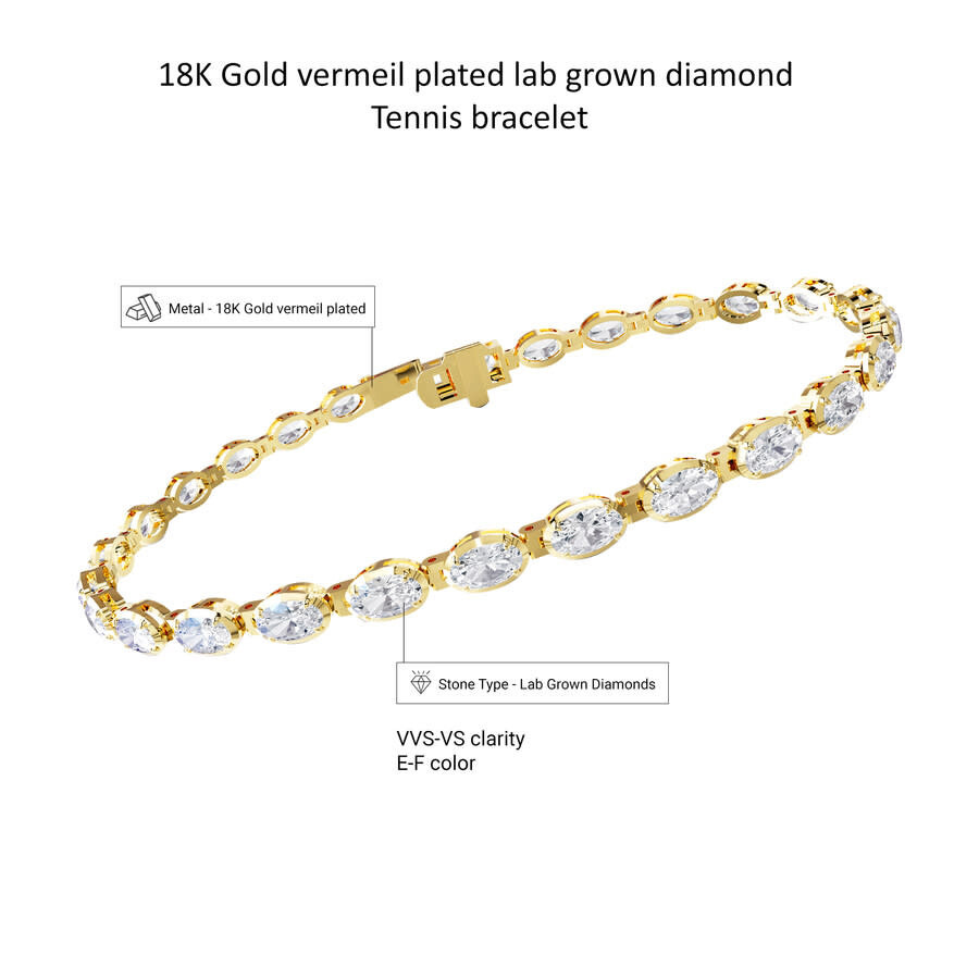 Diamond2Deal - Diamond2Deal 18k Vermeil Plated Silver 4.8 ct Oval Cut Lab Grown Diamond Tennis Bracelet 7" VVS-VS,  - 3
