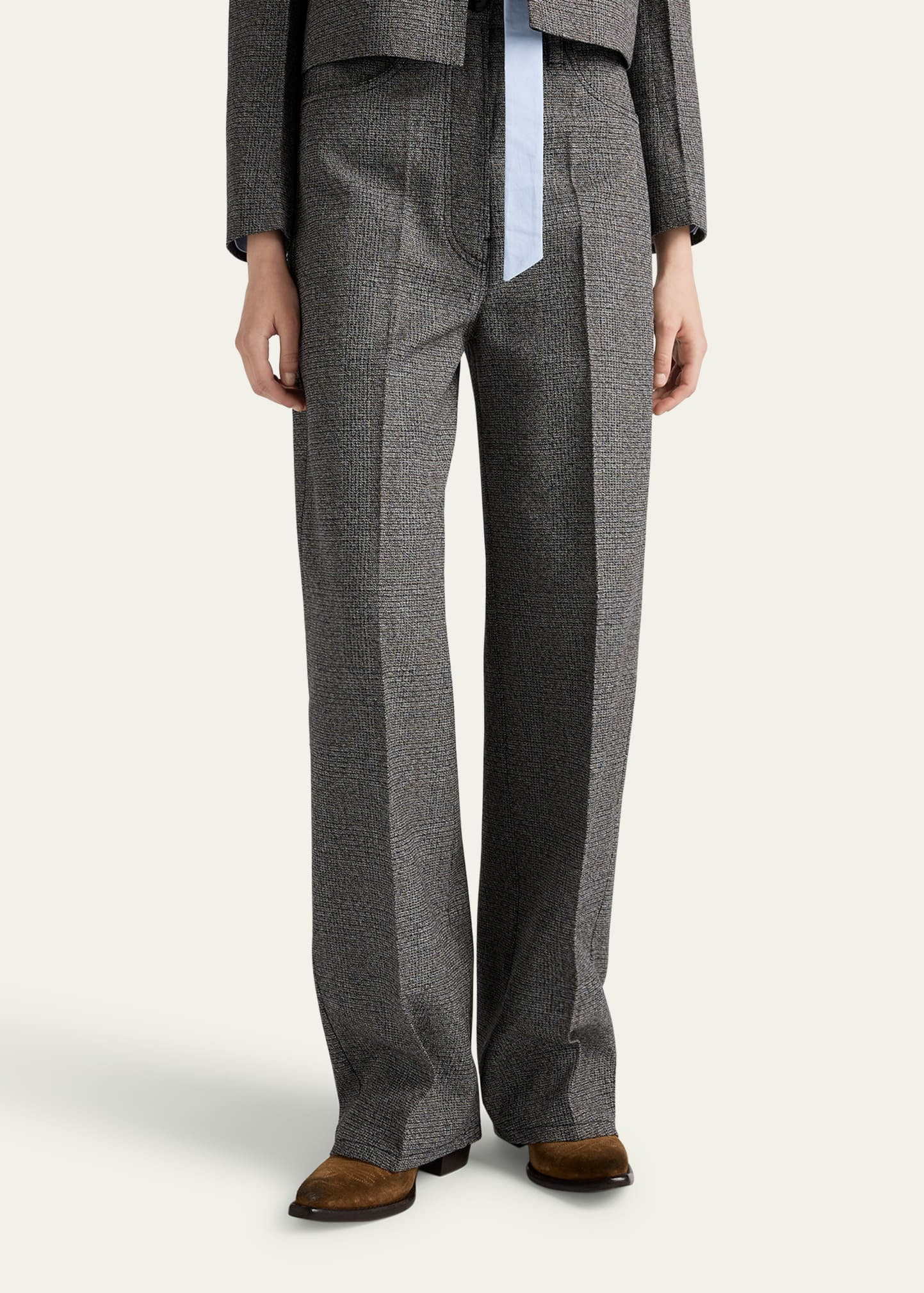 Mid-Rise Prince Of Wales Wool Straight-Leg Pants - 4