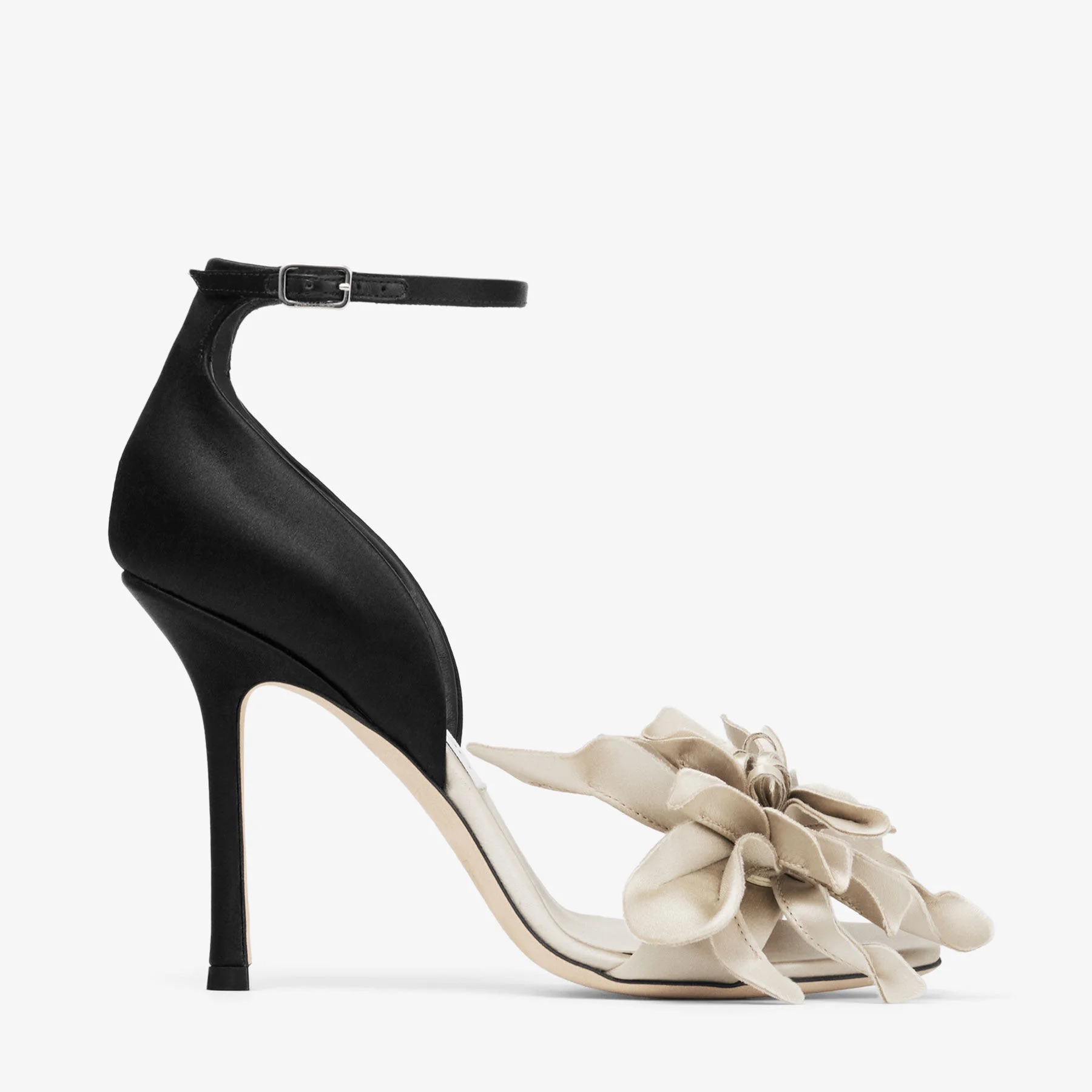 Coko 100 Bone and Black Satin Sandals with Floral Accent - 1
