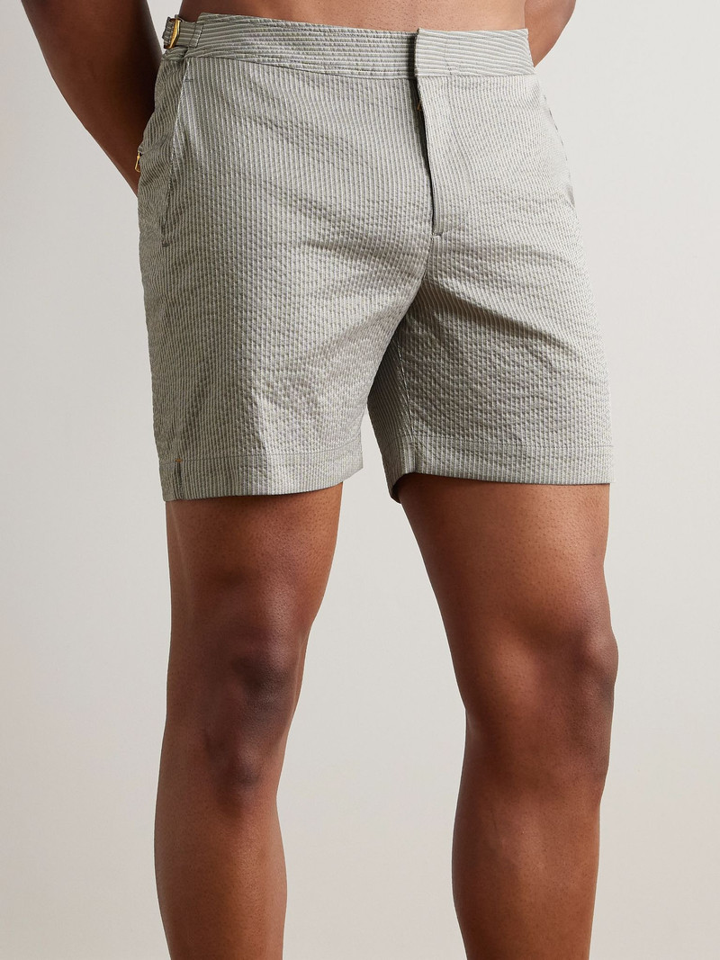 ORLEBAR BROWN Bulldog Straight-Leg Mid-Length Striped Seersucker Swim Shorts Gray outlook