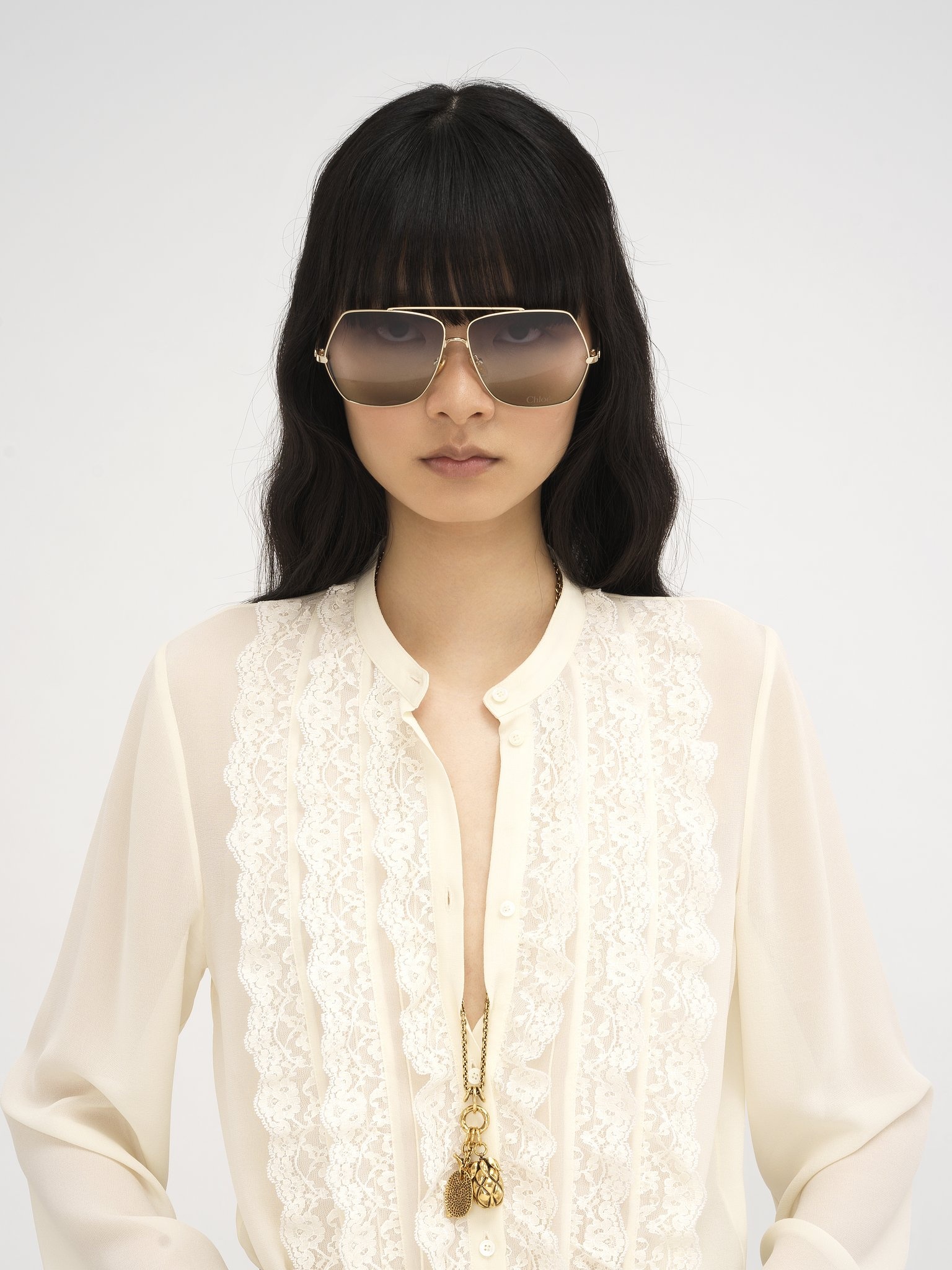 COLLARLESS RUFFLED BLOUSE IN SILK GEORGETTE - 6