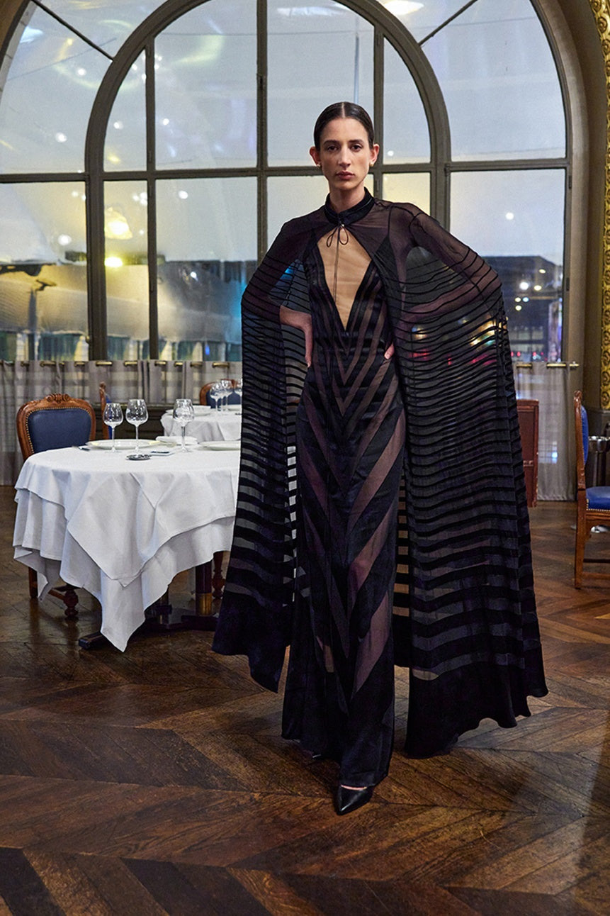 Black Silk Devore Evening Gown - 5