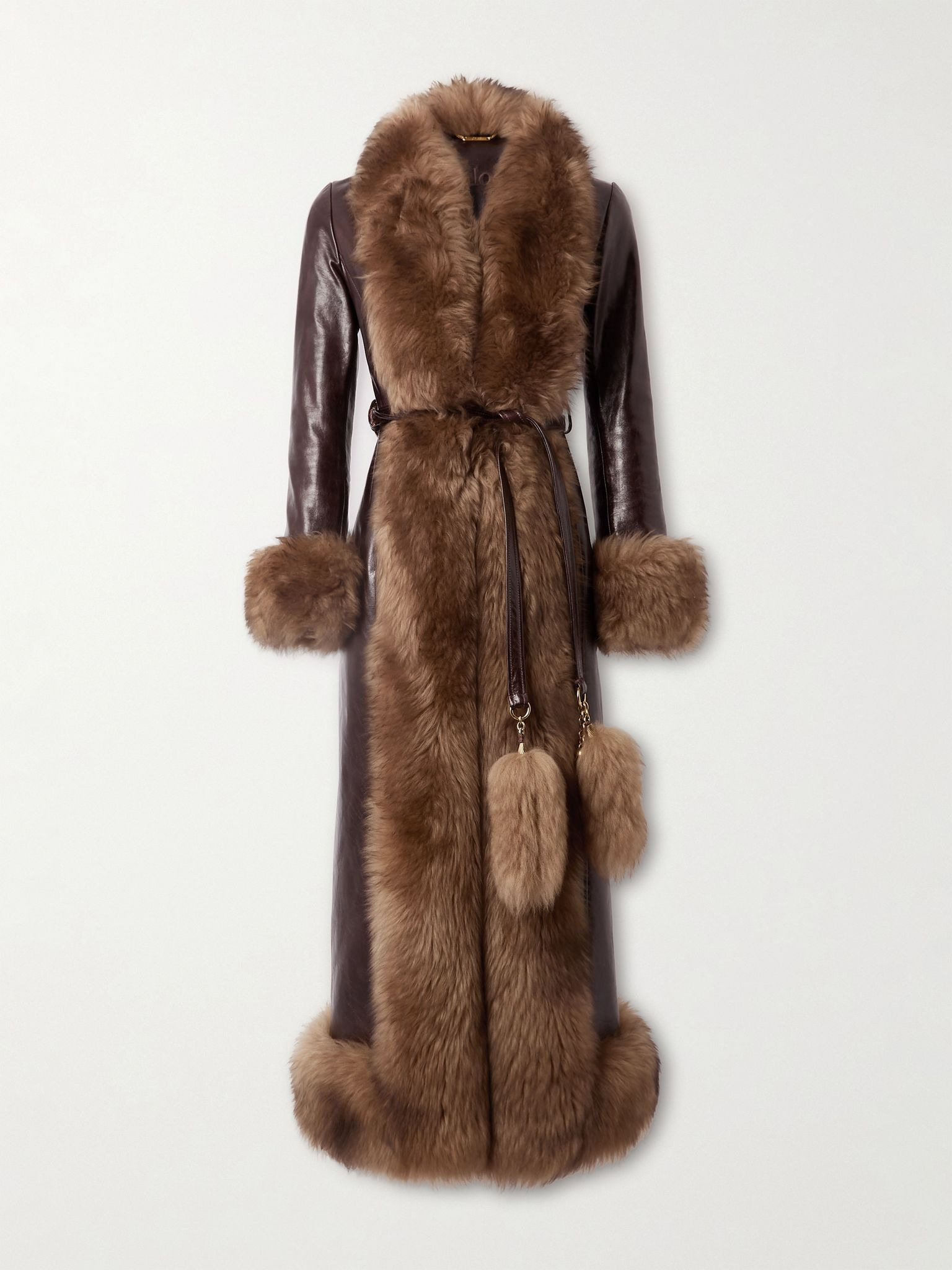 Fleece-trimmed belted leather coat Brown - 1
