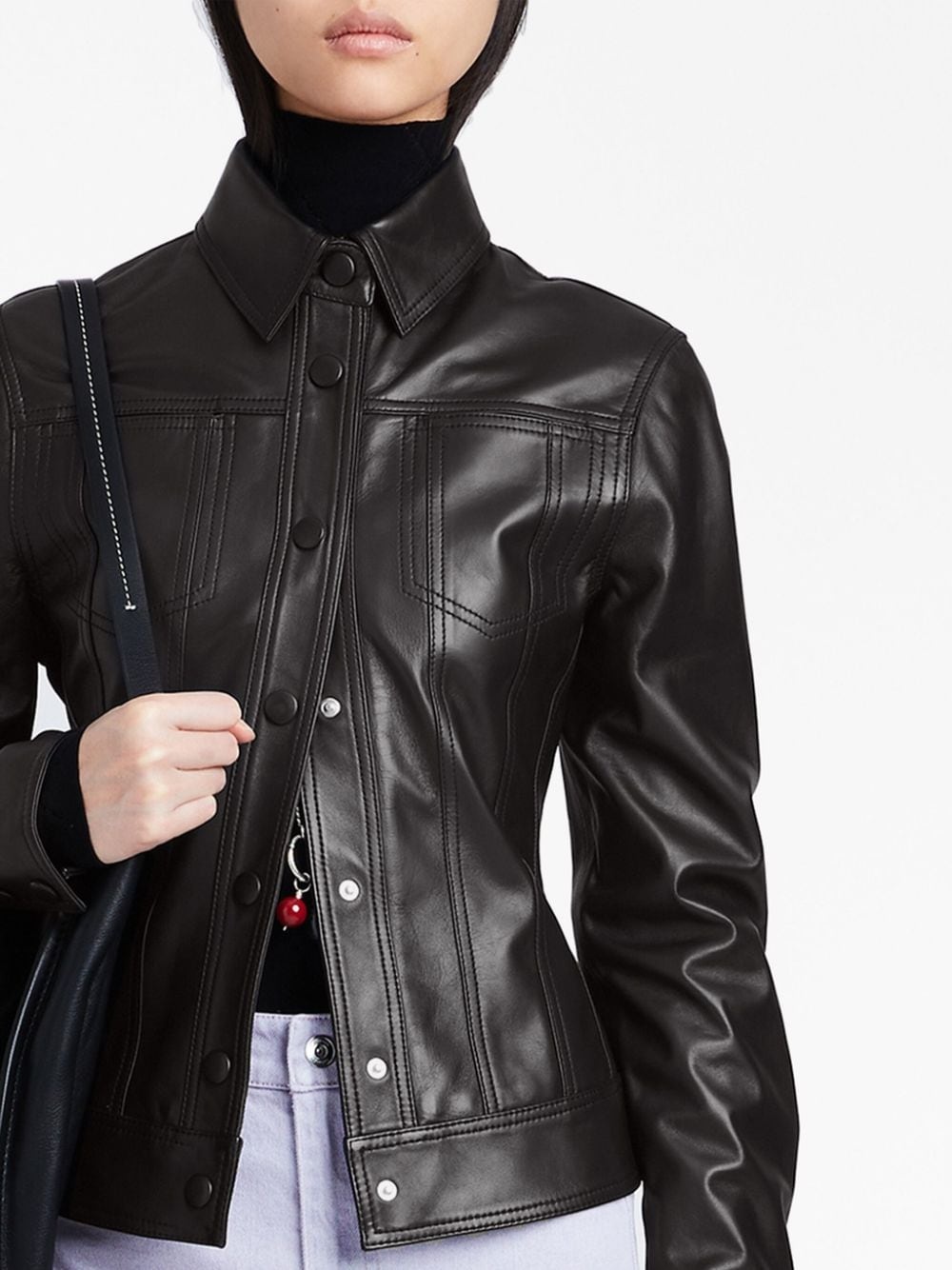 leather classic-collar fitted jacket - 5