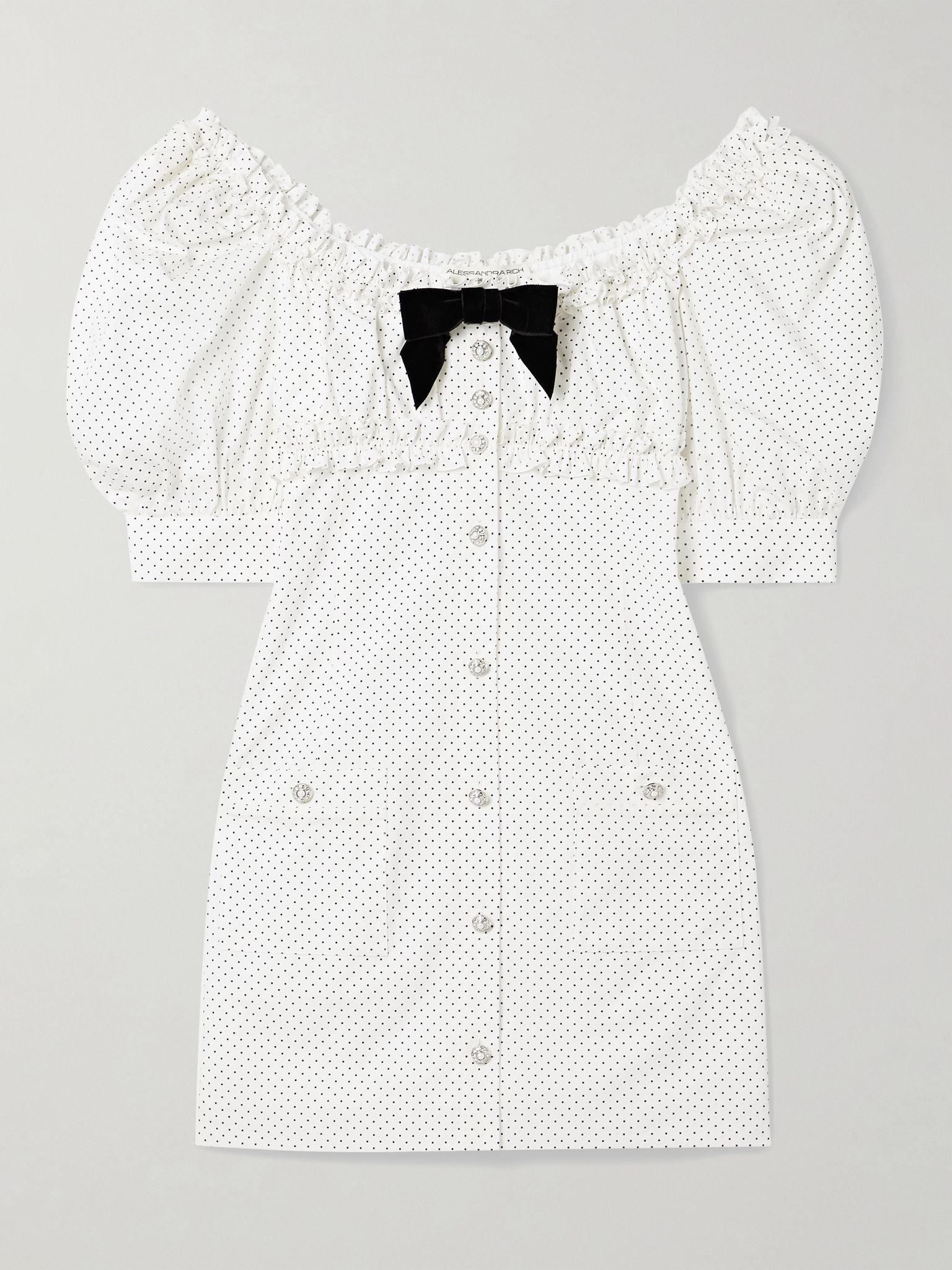 Velvet-trimmed ruffled polka-dot cotton-poplin mini dress White - 1