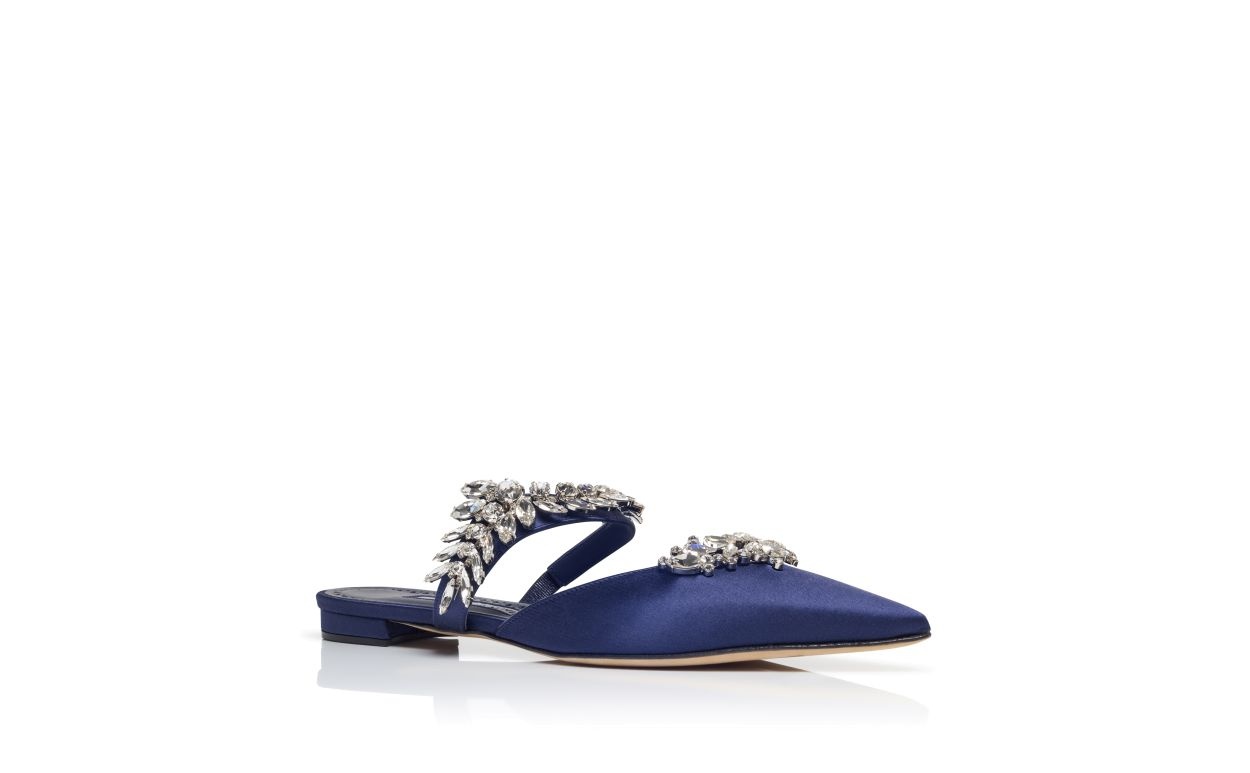Navy Blue Satin Crystal Embellished Flat Mules - 3