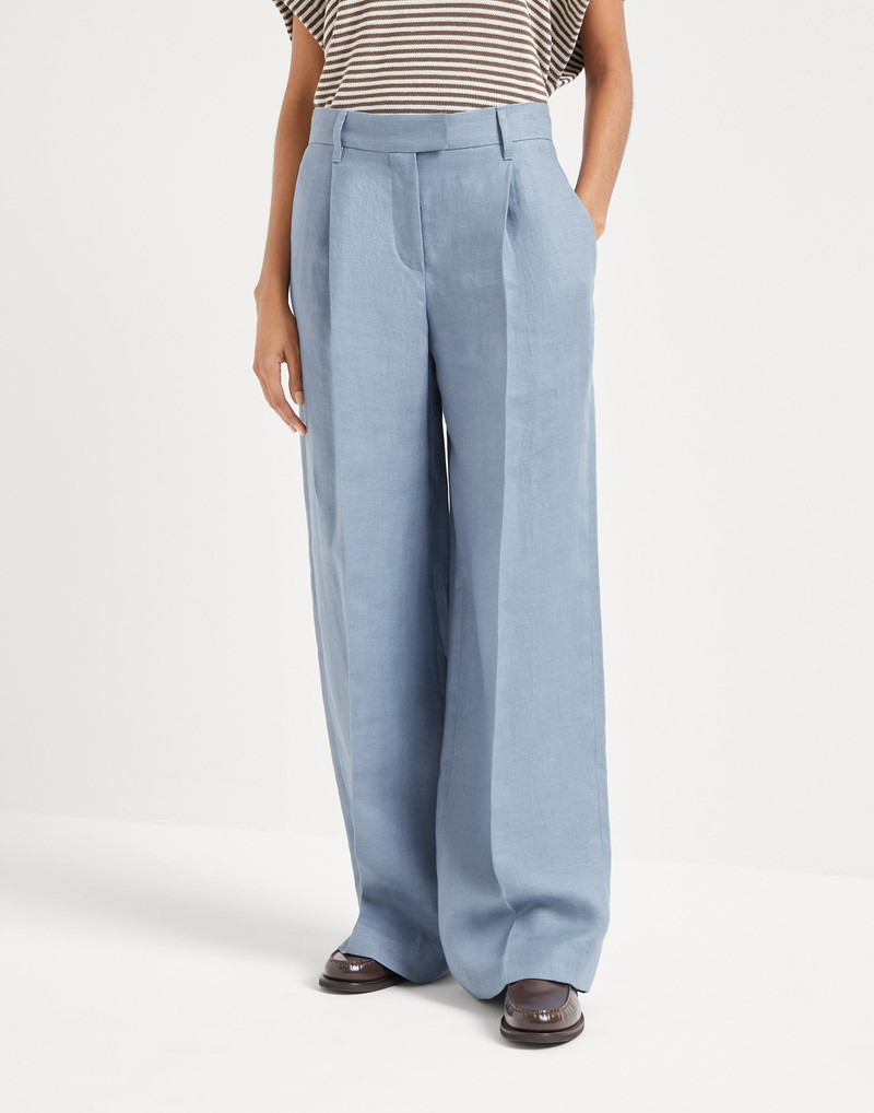 Dyed hemp and linen gabardine loose pleated trousers with monili - 1