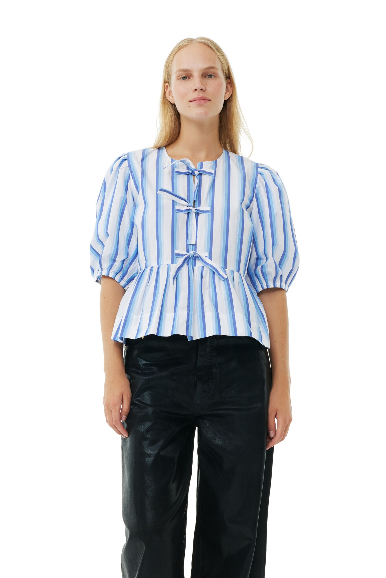 BLUE STRIPED COTTON POPLIN PEPLUM TIE BLOUSE - 3