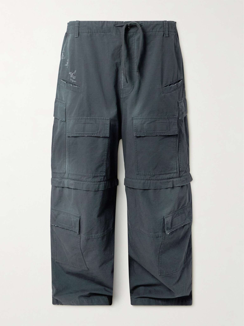 Wide-Leg Distressed Cotton-Ripstop Drawstring Cargo Trousers - 1