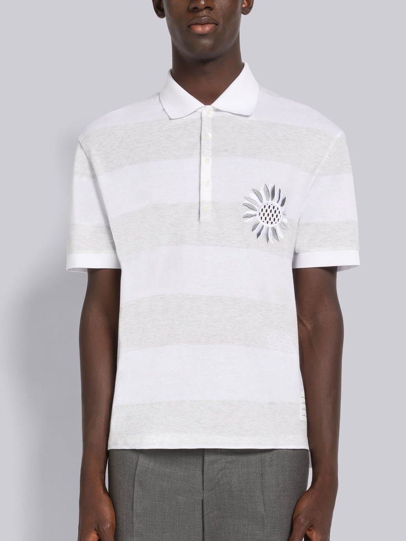 RUGBY STRIPE PIQUE FLOWER EMBROIDERY OVERSIZED SHORT SLEEVE POLO 1