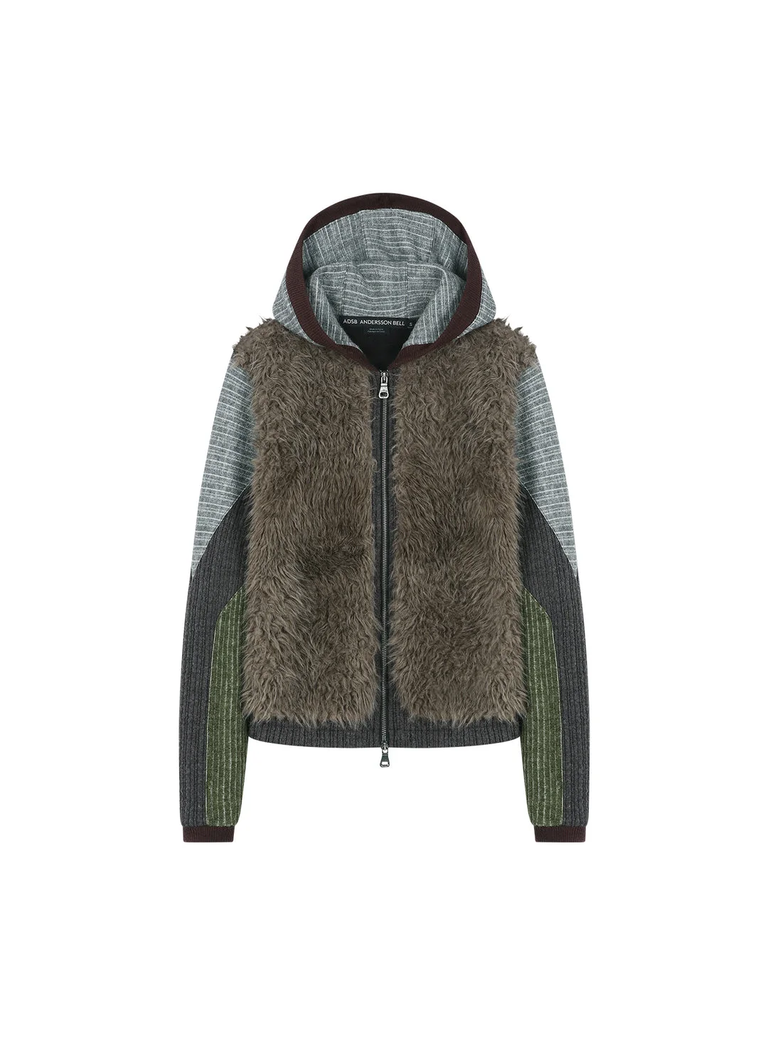 Fur Color-Blocked Hooded Zip-Up - 1