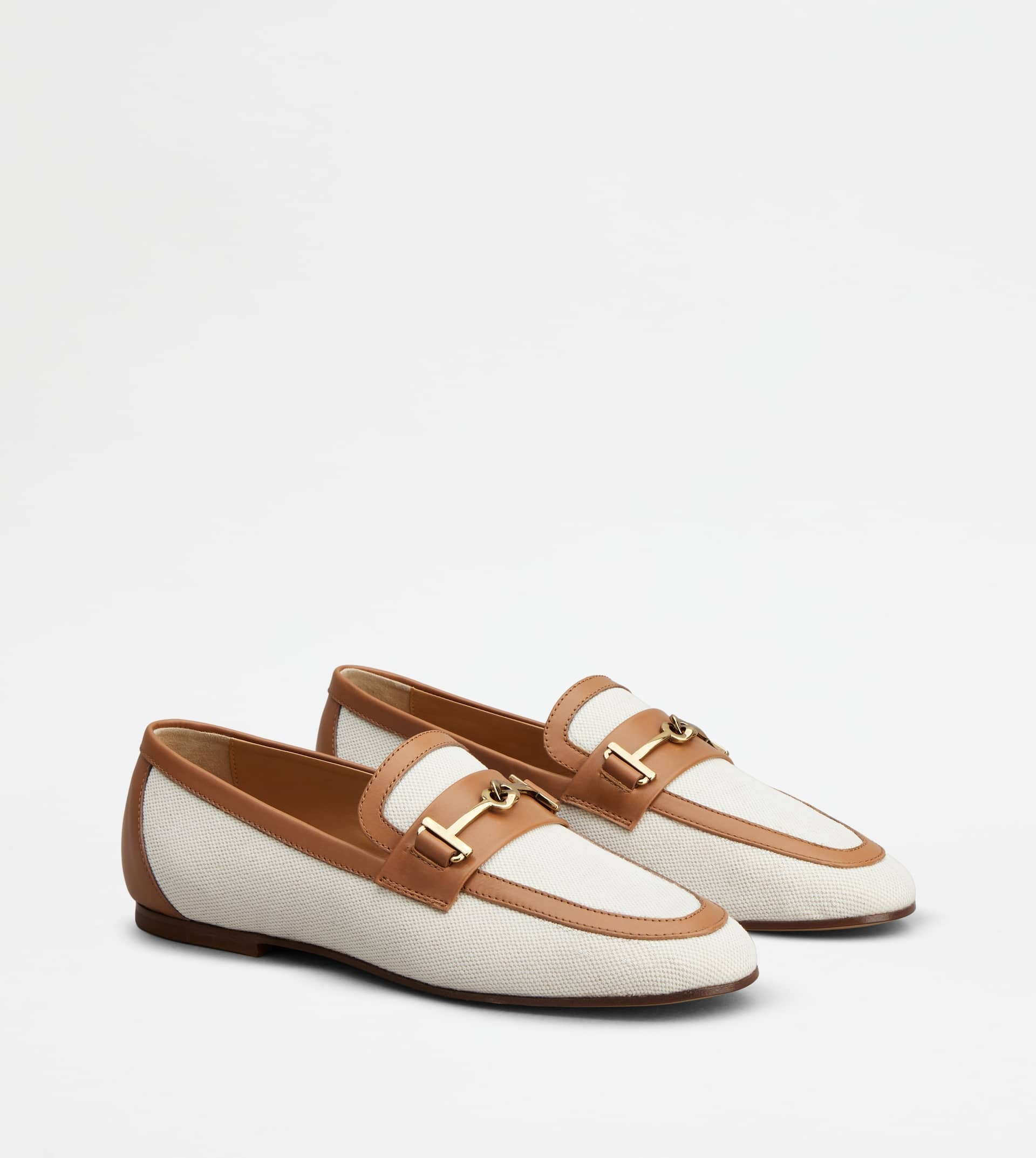 LOAFERS IN FABRIC AND LEATHER - OFF WHITE, BROWN - 3