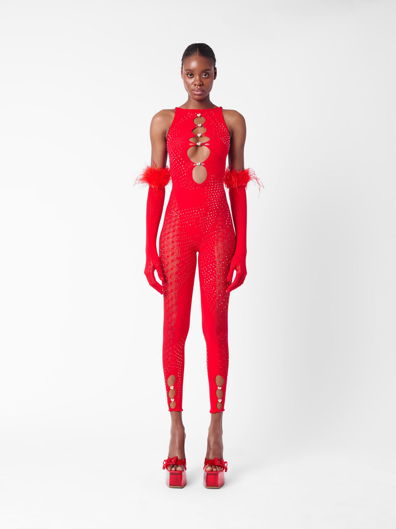 POSTER GIRL RHINESTONED JANICE JUMPSUIT X GLOVES HEARTBREAKER outlook