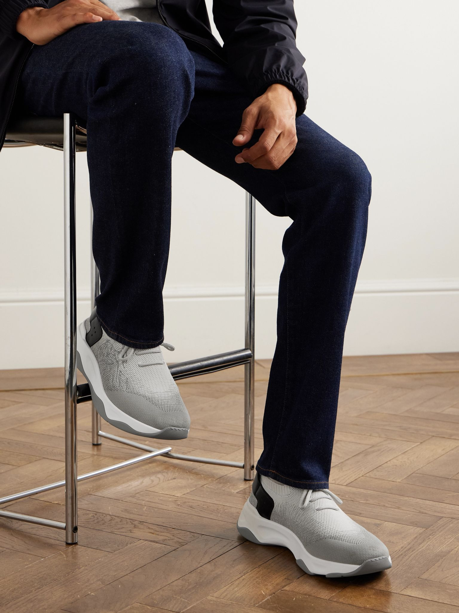 Shadow Leather-Trimmed Stretch-Knit Sneakers Gray - 2