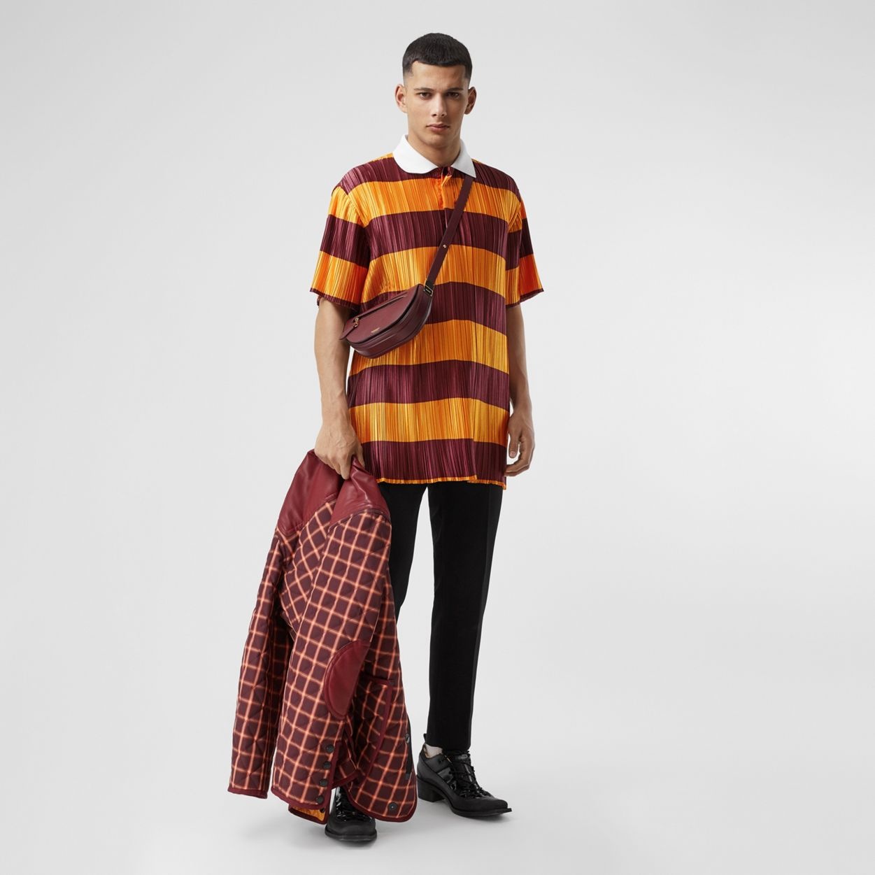 Striped Satin Plissé Polo Shirt - 6