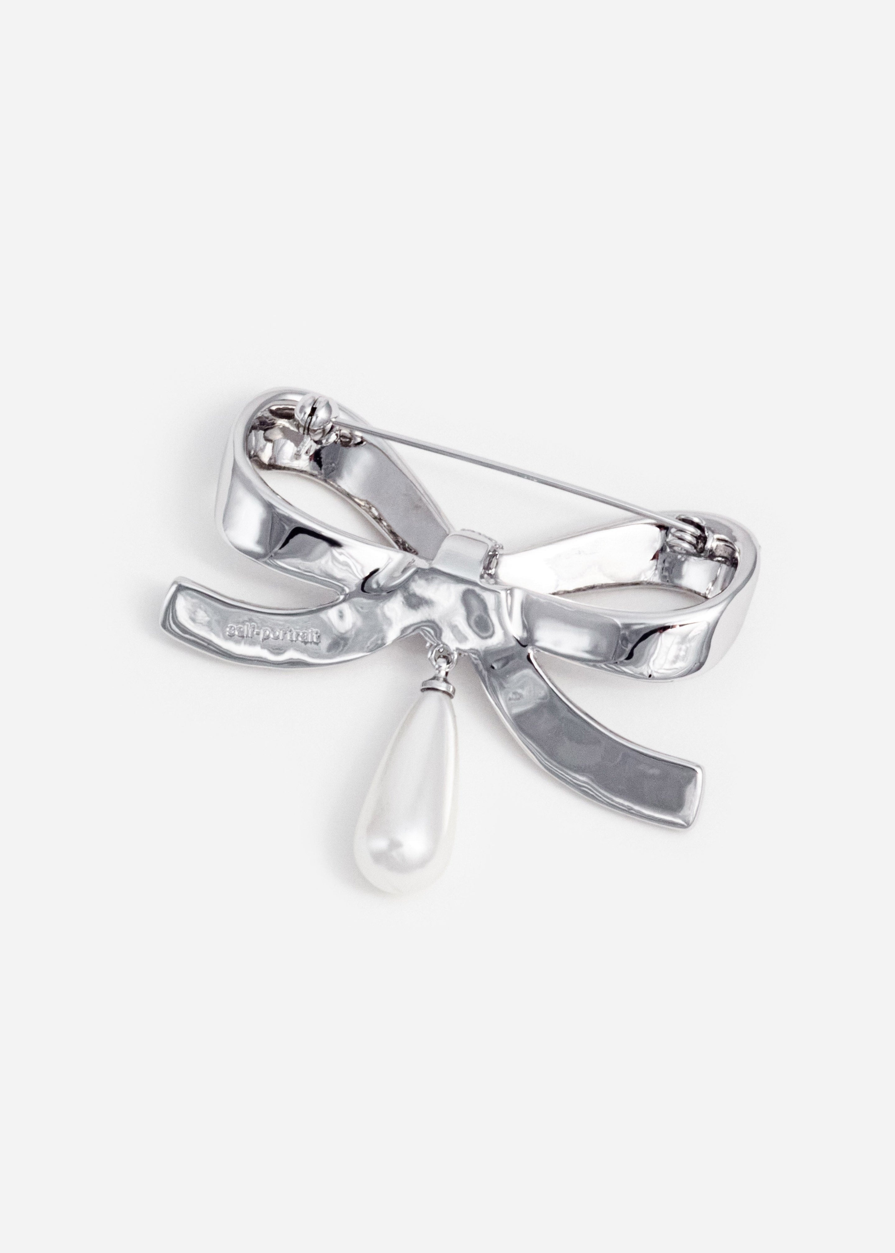 Crystal Bow Pearl Droplet Brooch - 2