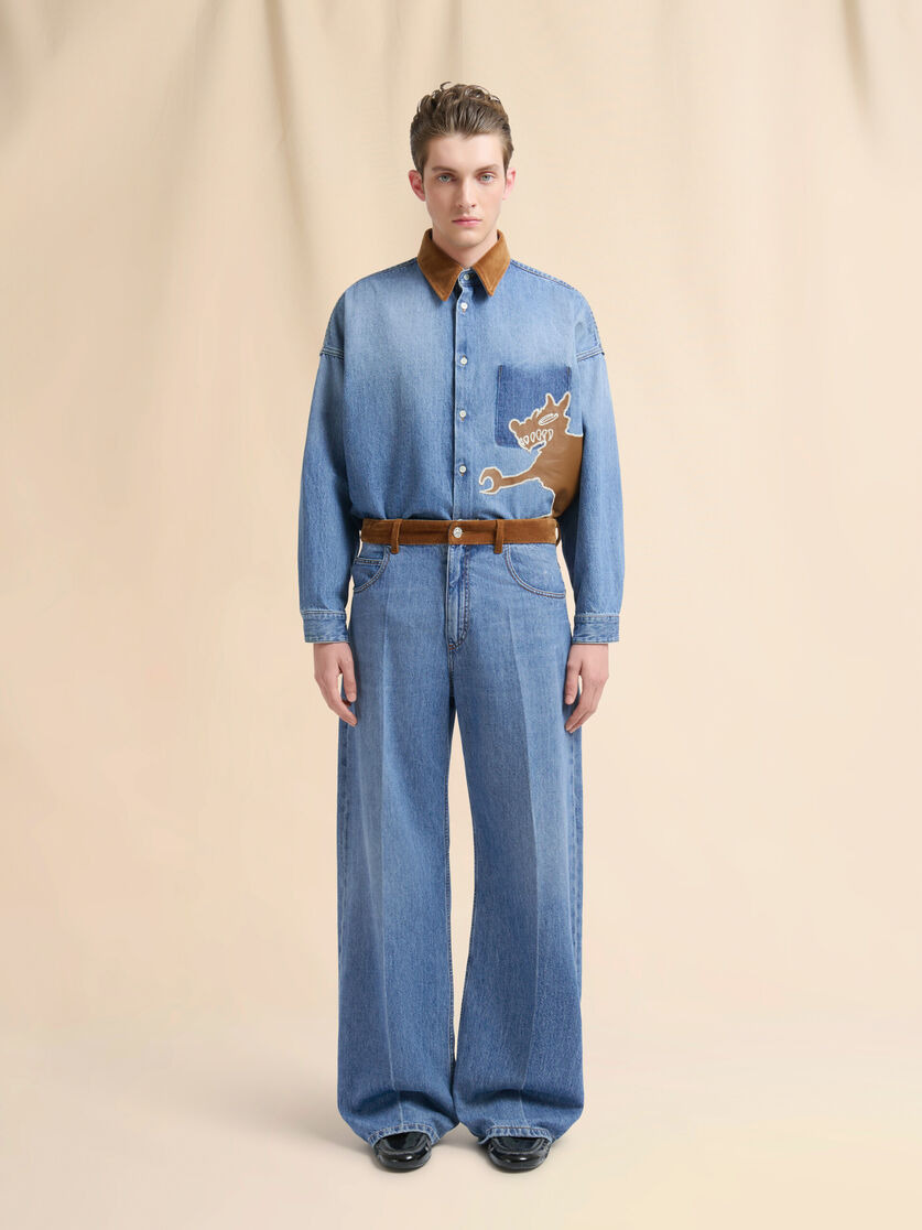 BLUE DENIM TROUSERS WITH VELVET WAISTBAND - 2
