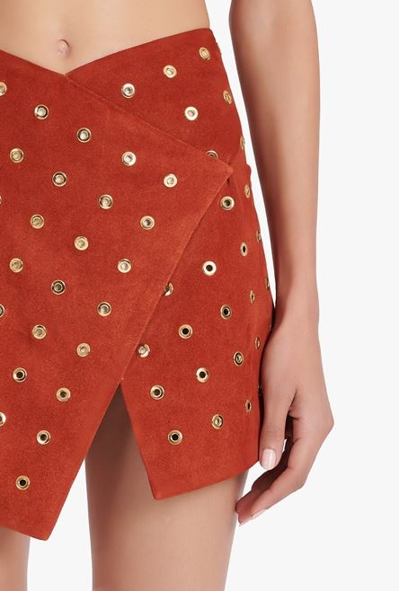 Balmain x Netflix -Short terracotta and golden suede skirt - 6