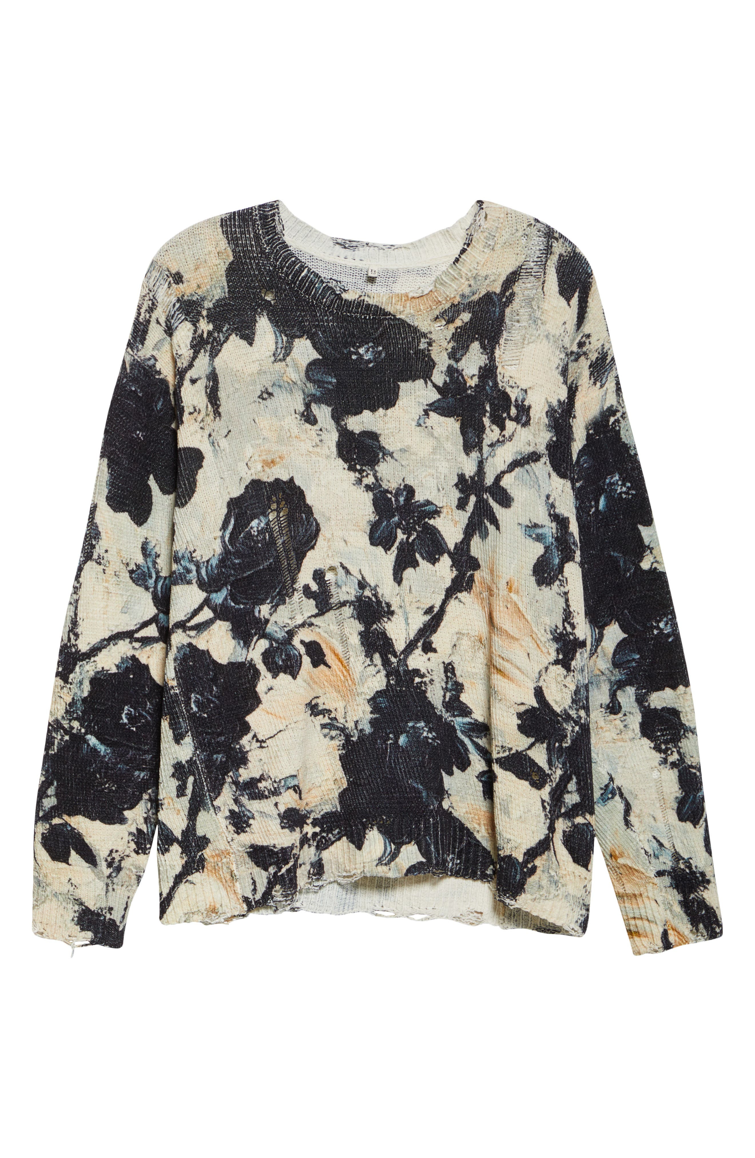 R13 Distressed Floral Cotton Sweater in Black And Cream Floral at Nordstrom - 5