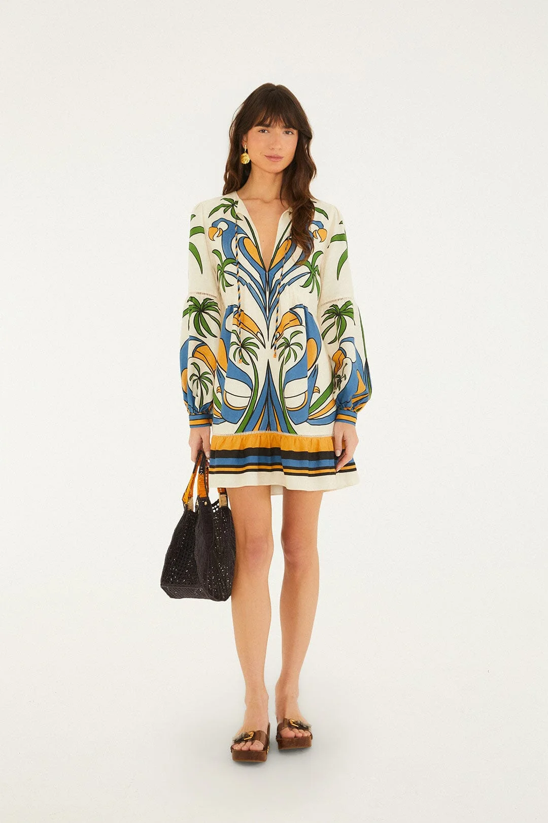 Sand Tropical Graphic Lace Ruffled Mini Dress - 1