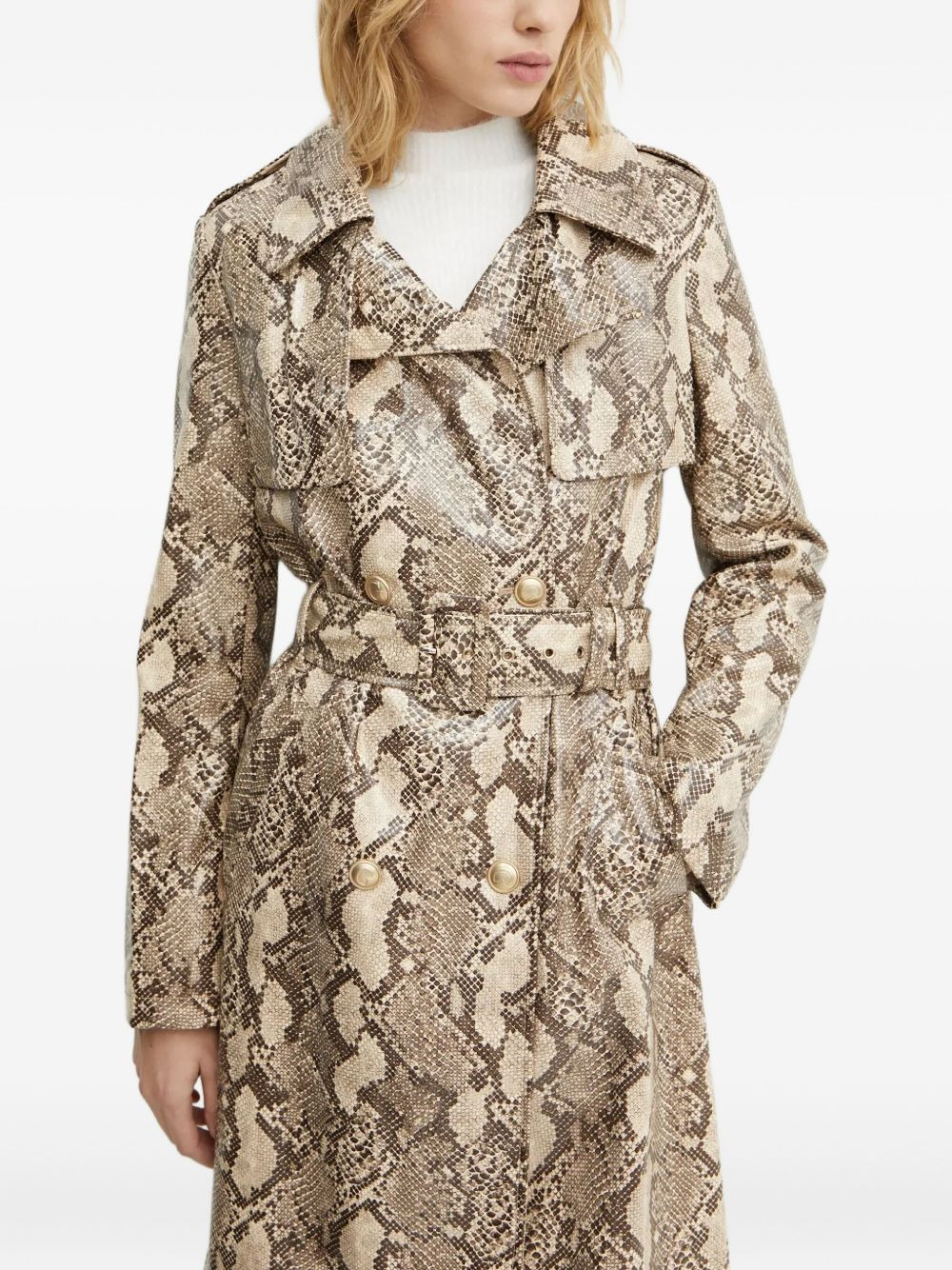 snakeskin-print belted trench coat - 5