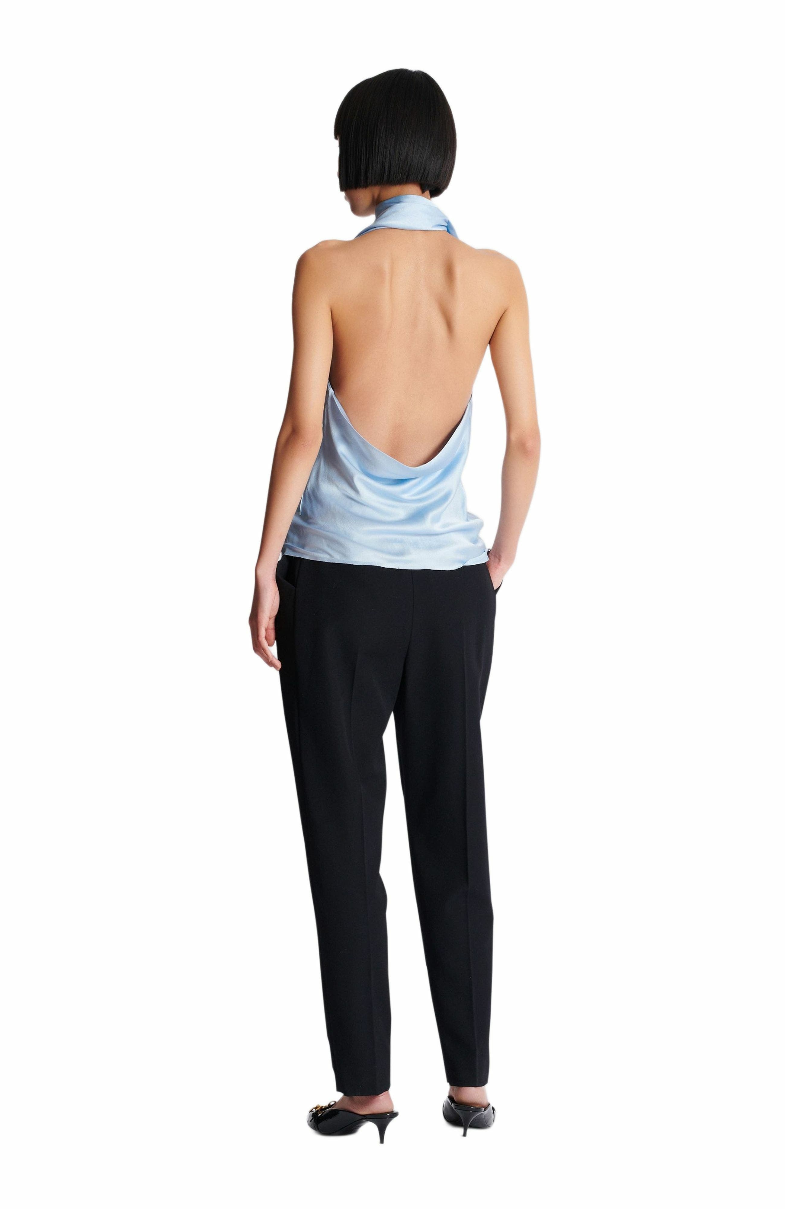 Balmain Backless crepe satin top with fringe in Blue at Nordstrom - 3