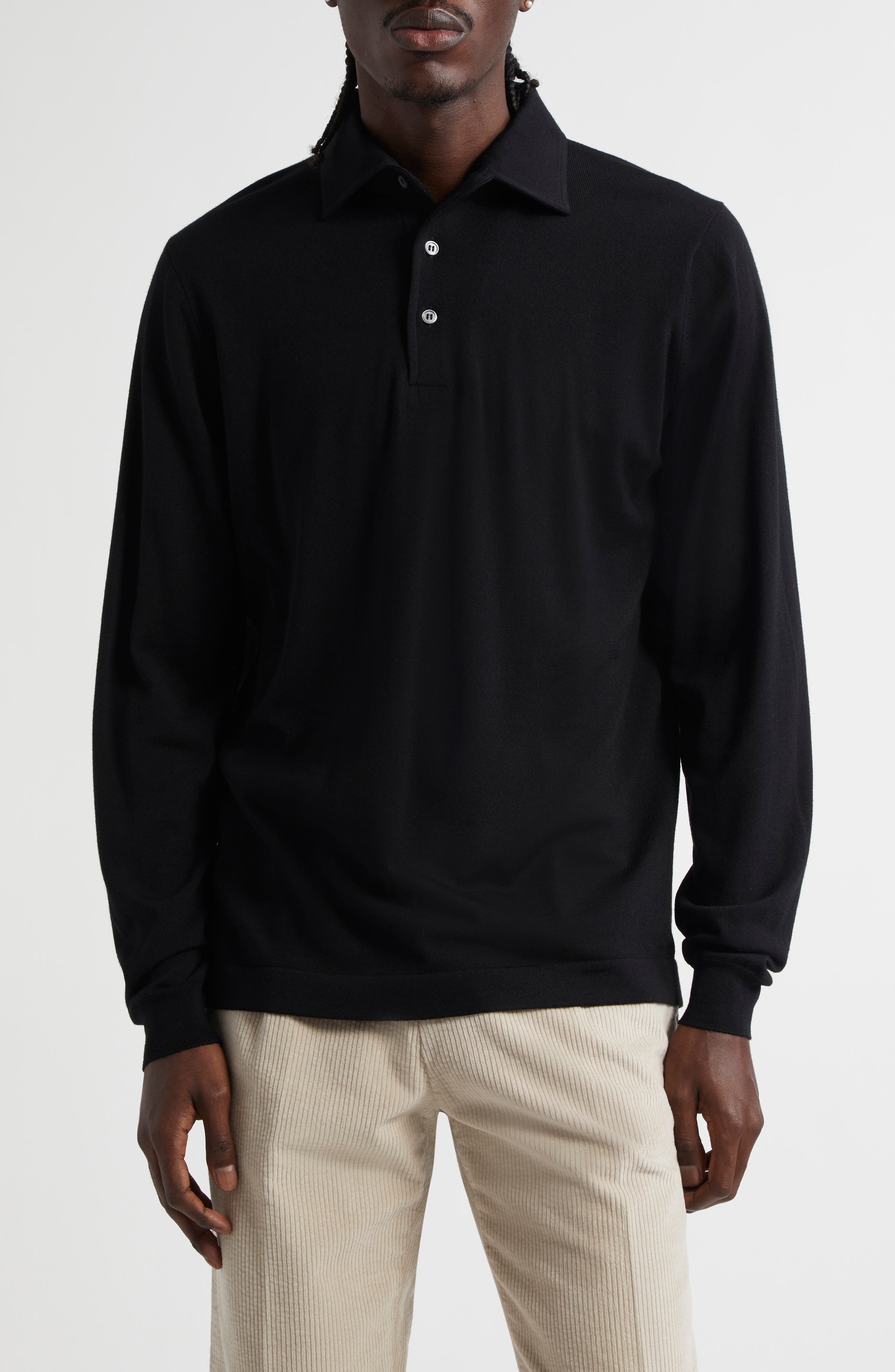 Thom Sweeney Extrafine Virgin Merino Wool Polo Sweater in Black at Nordstrom - 1