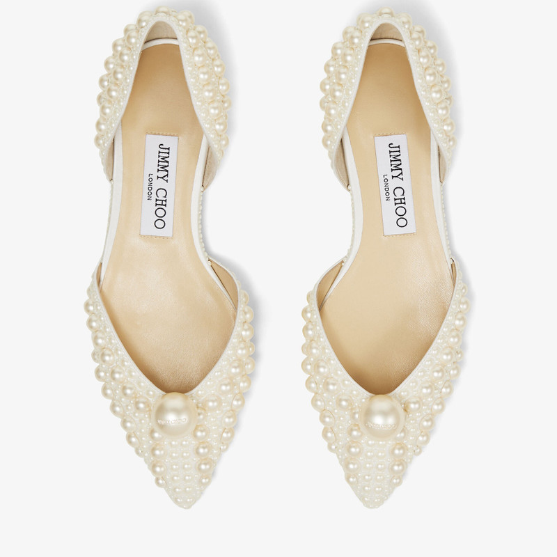 Sabine Flat White Satin Flats with All-Over Pearl Embellishment 5