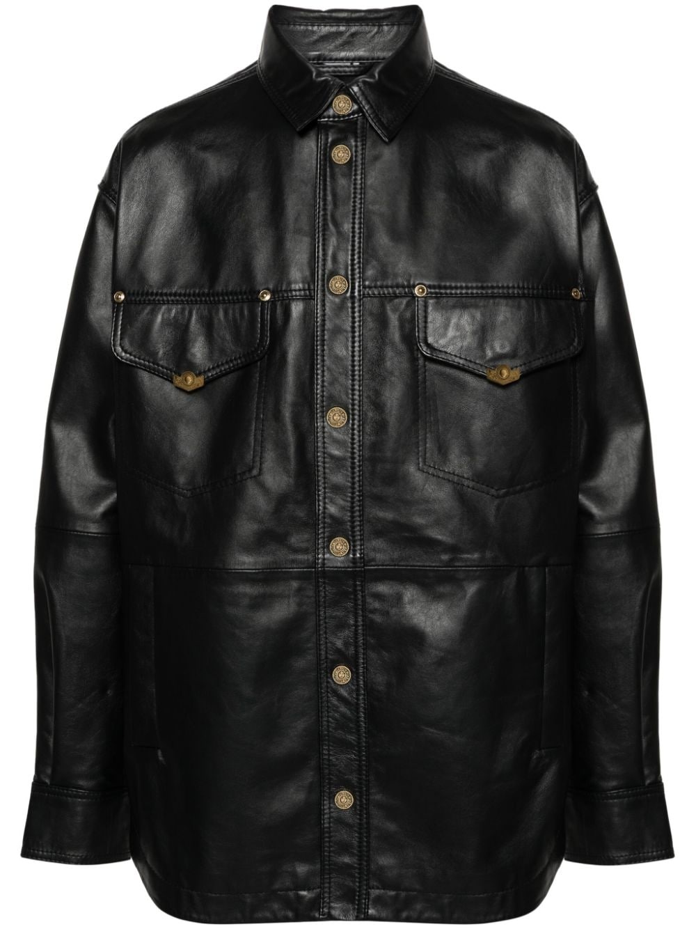 logo-plaque leather jacket - 1