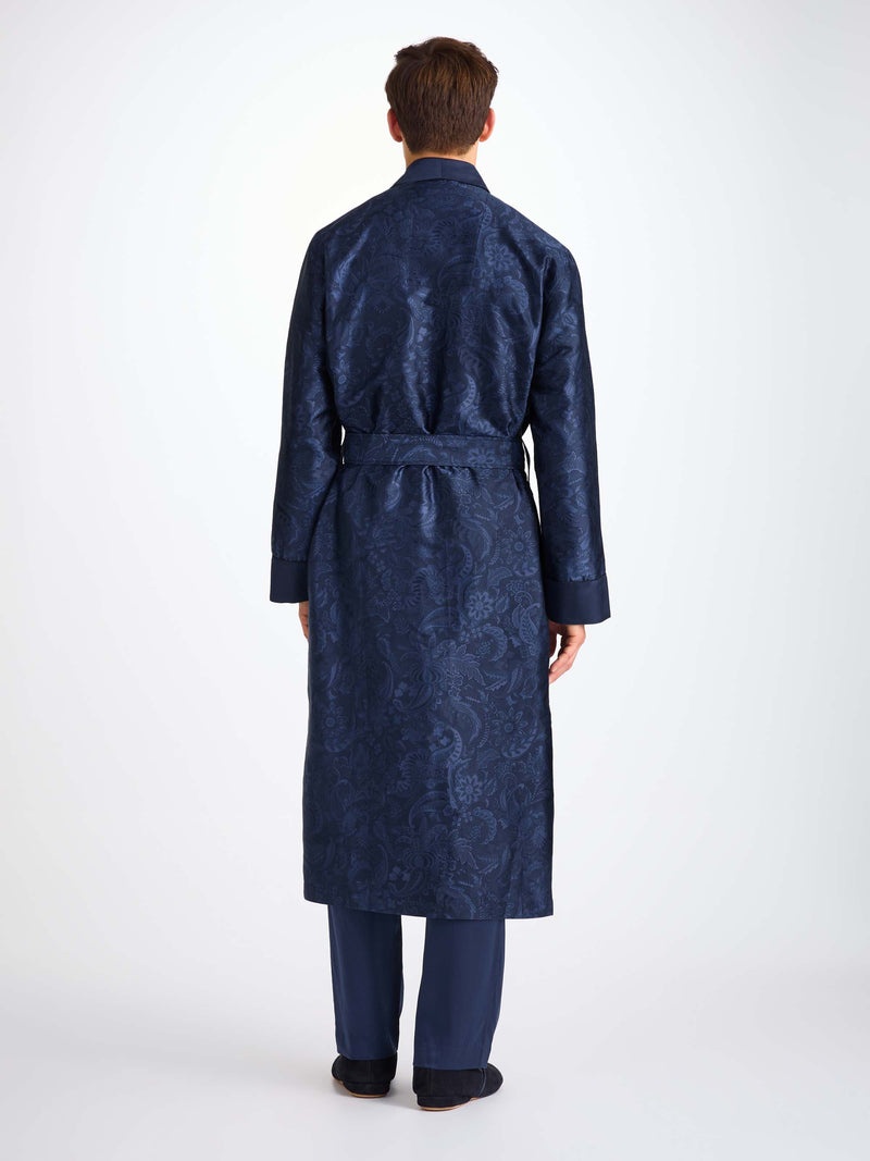 Men's Robe Silk Jacquard Navy Jungle Paisley Pattern - 3