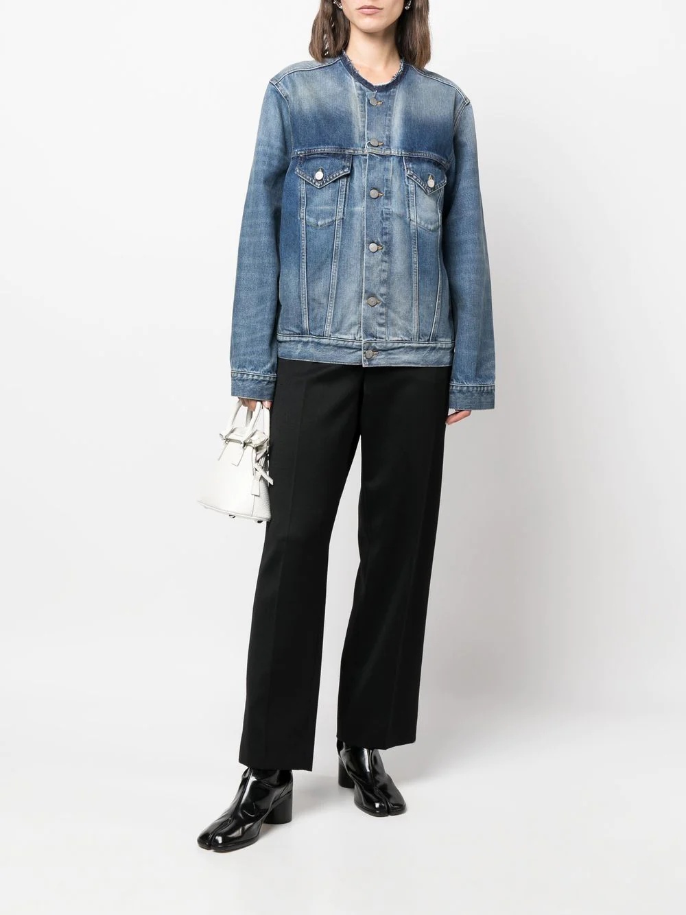 round-neck detail denim jacket - 3