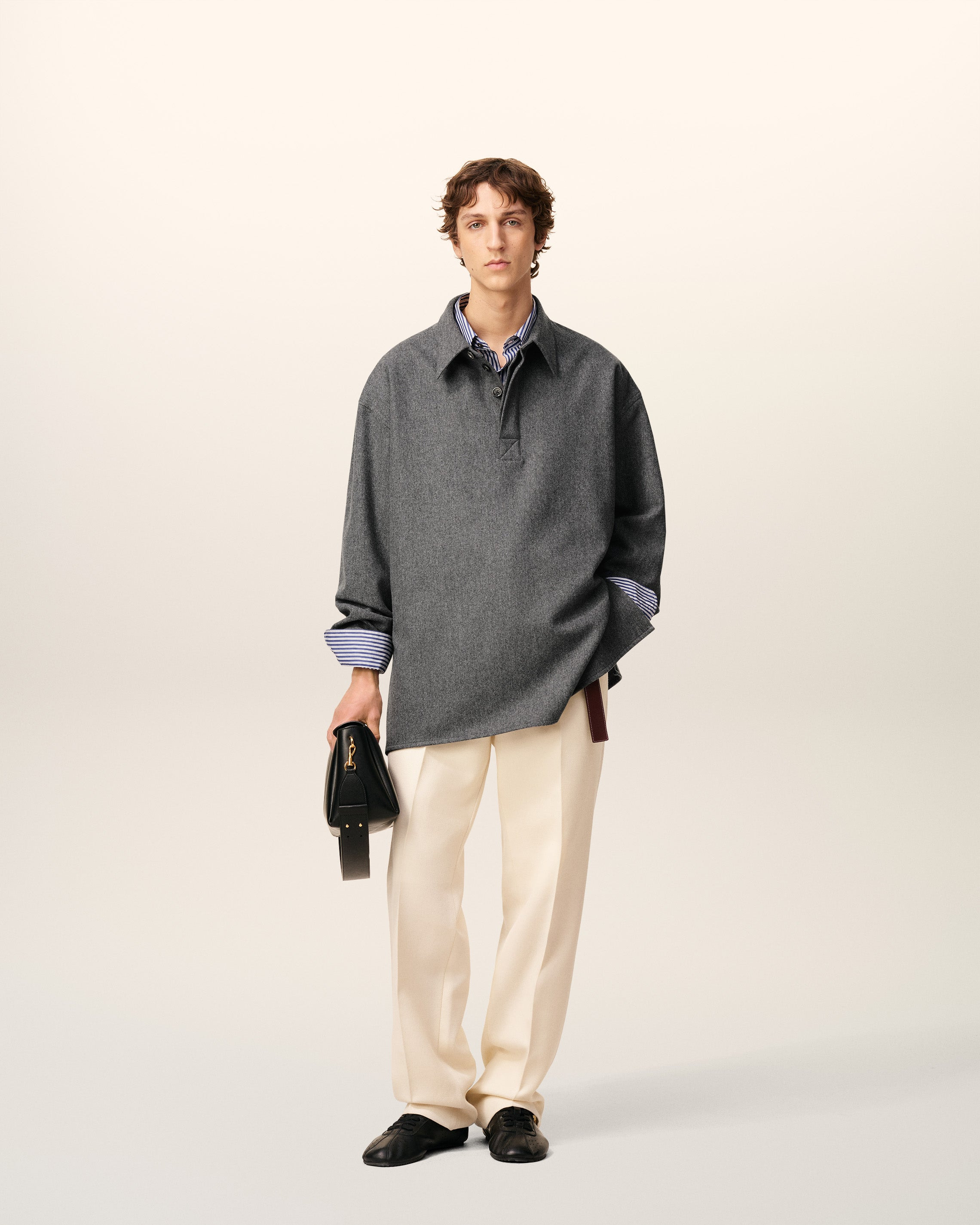 GREY WOOL  LONG  SLEEVES POLO SHIRT - 2