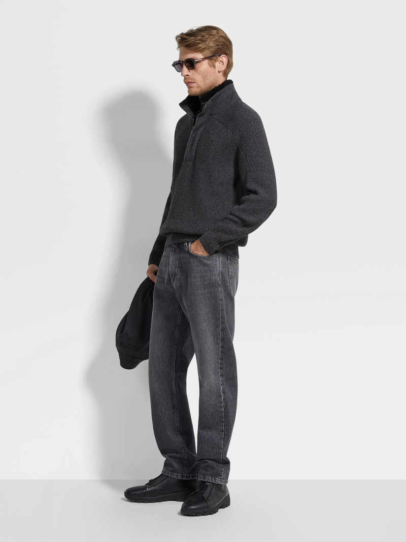 DARK GREY MÉLANGE OASI CASHMERE ZIP MOCK NECK SWEATER 3