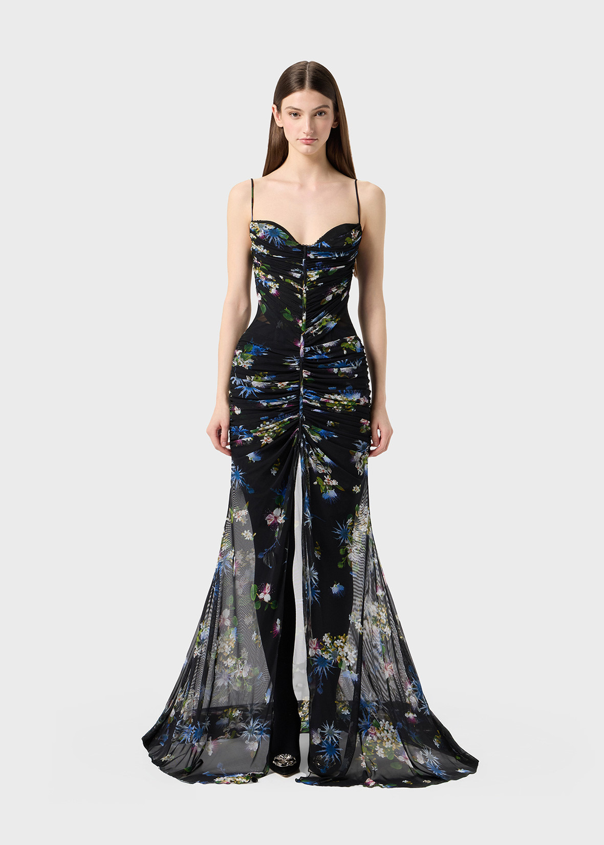 BUSTIER DRESS IN PRINTED TULLE WITH SLIT - 3