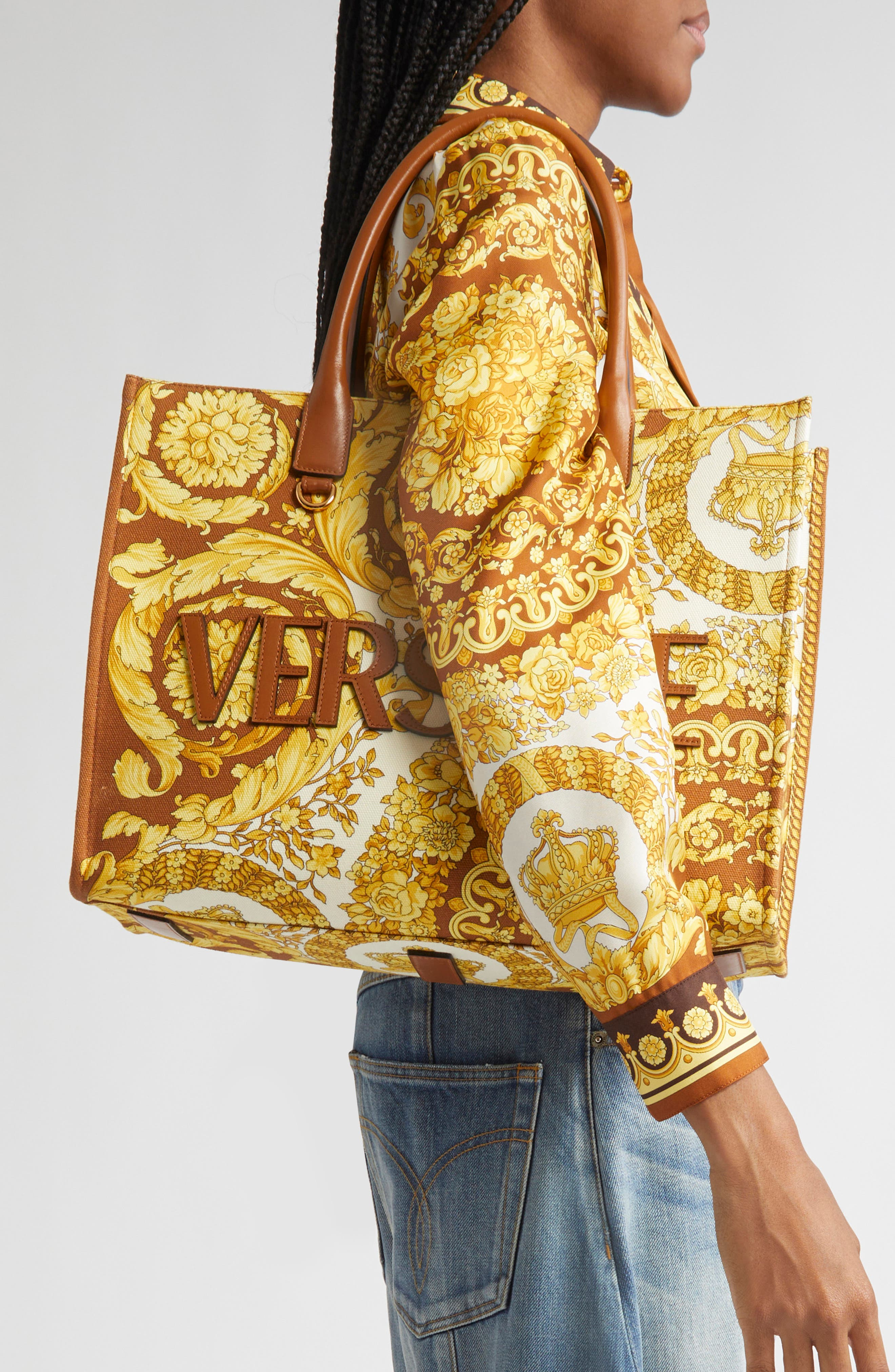 Versace La Medusa Logo Floral Canvas Tote in Brown Spice Brown Gold at Nordstrom - 2