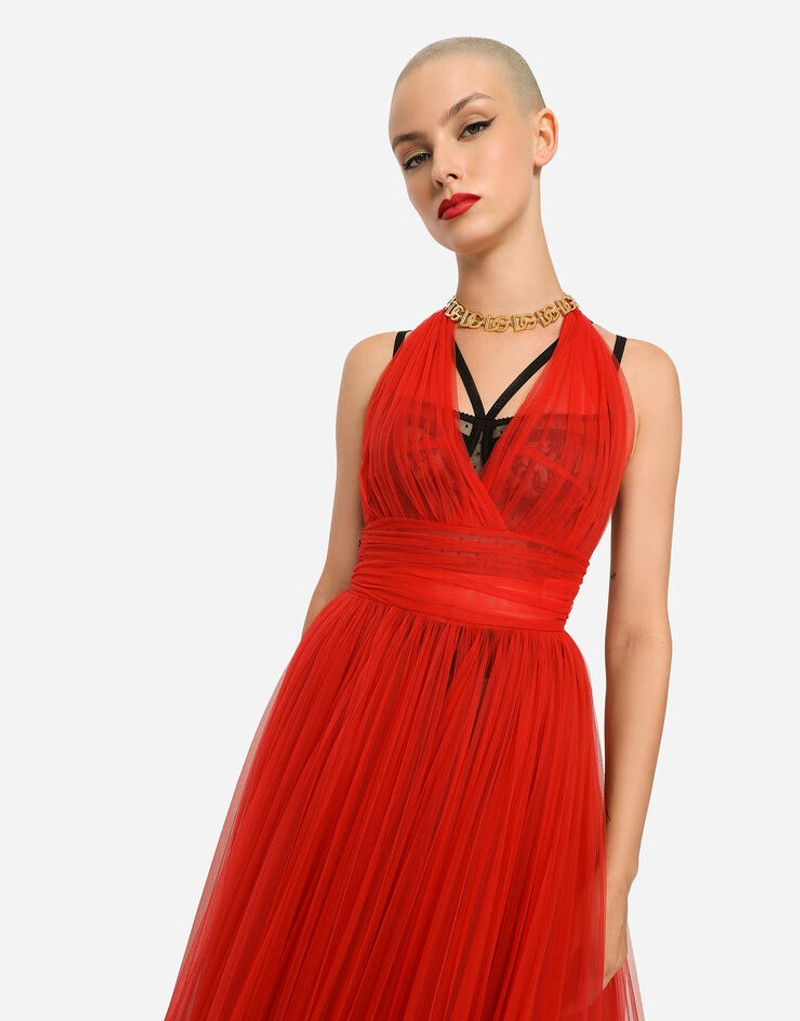 Tulle calf-length dress with sunray pleats 4