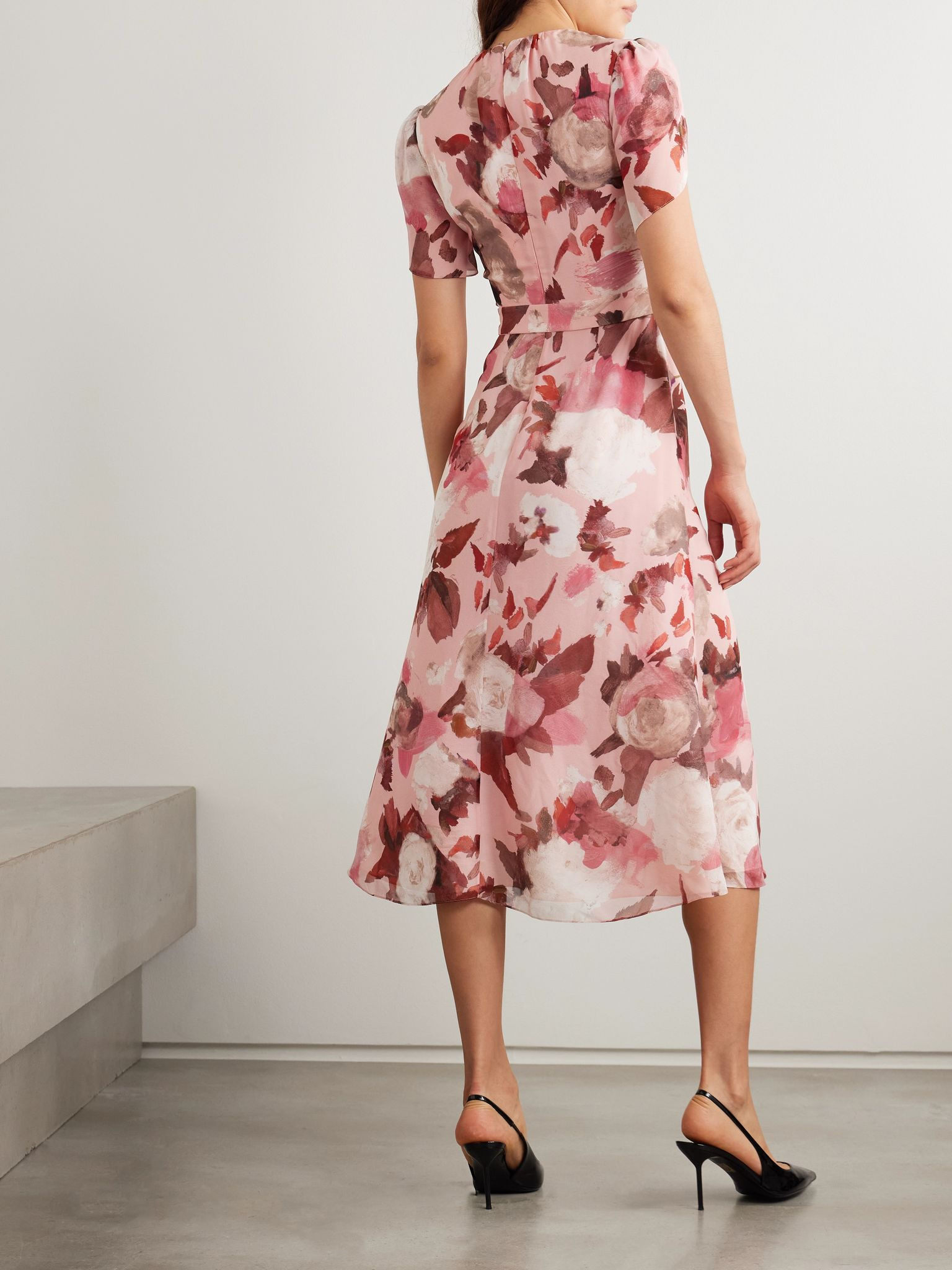 Belted gathered floral-print silk-voile midi dress Pink - 3