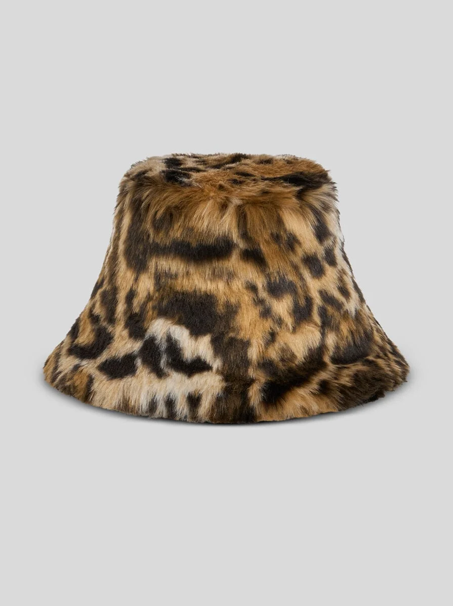 JACQUARD AND FAUX FUR BUCKET HAT WITH LEOPARD MOTIF - 1