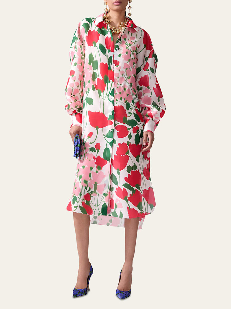 CAROLINA HERRERA Rose Print Oversized Self-Belt Midi Shirt Dress outlook