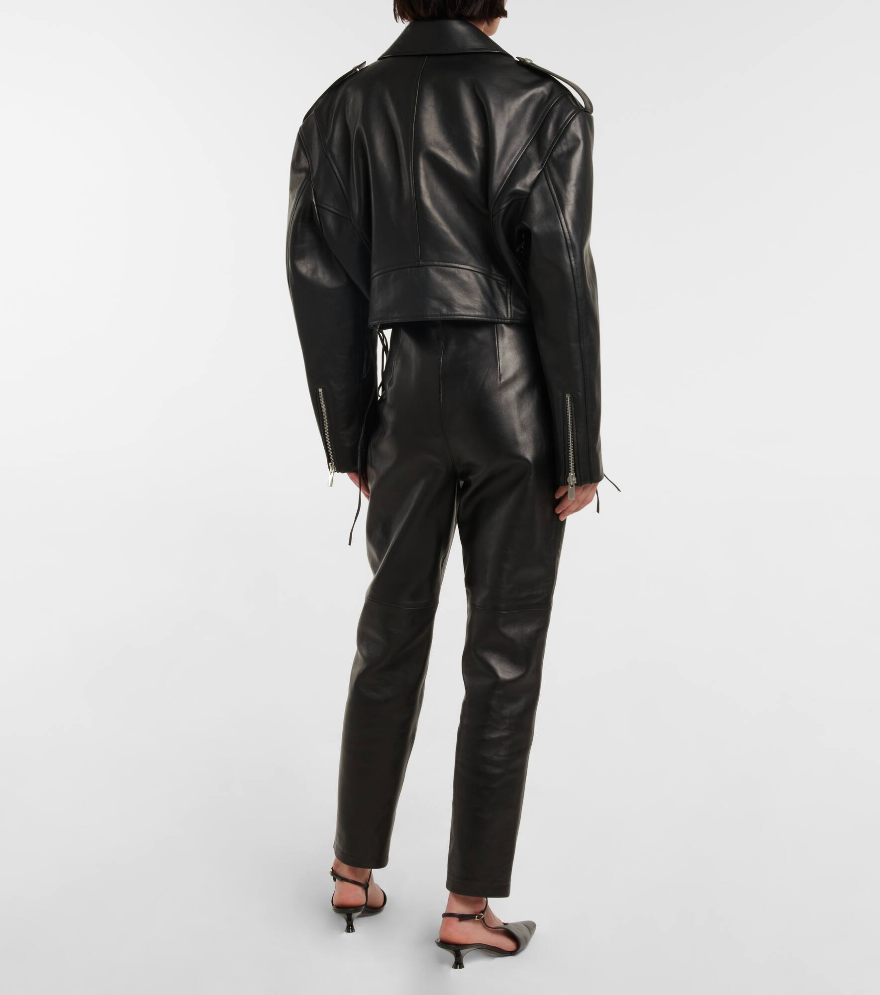 Cropped leather biker jacket - 3