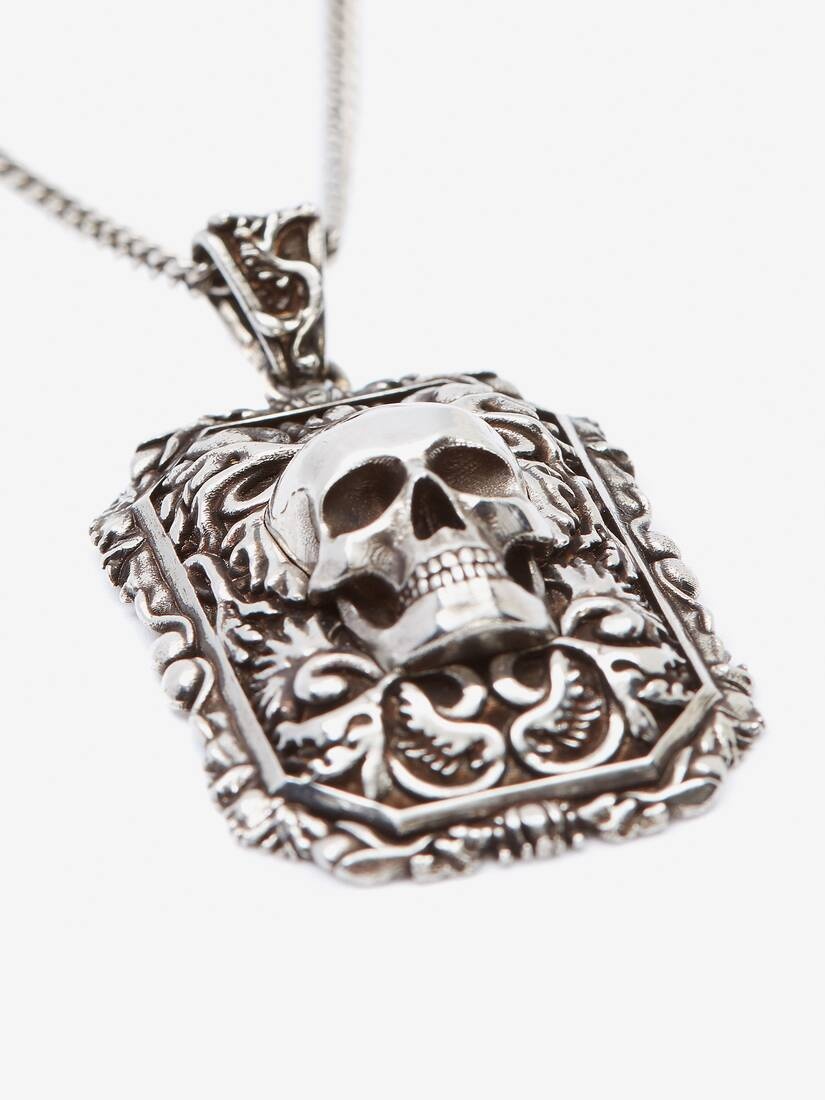 Engraved Skull Necklace in Antique Silver - 3
