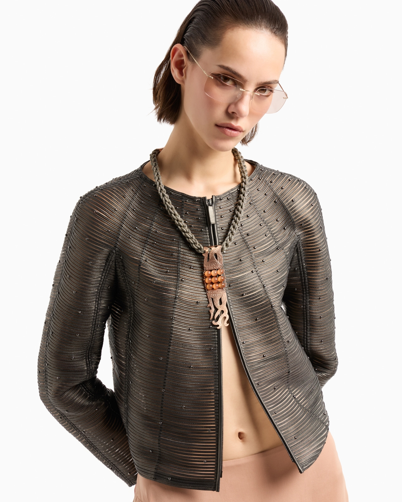 PEARLISED NAPPA LEATHER JACKET WITH APPLIED STUDS - 6