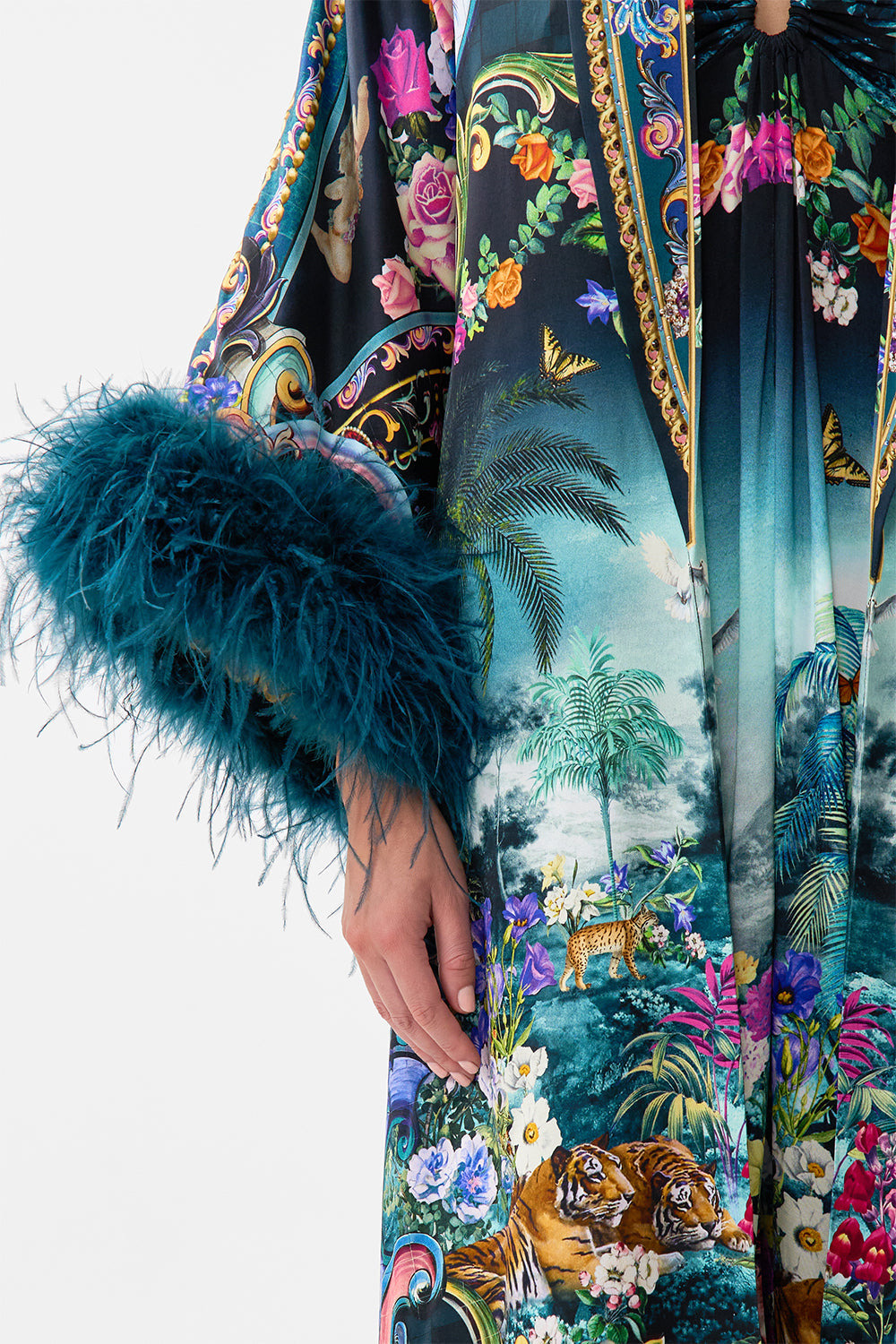 LONG ROBE WITH NARROW COLLAR AND FEATHERS - 6