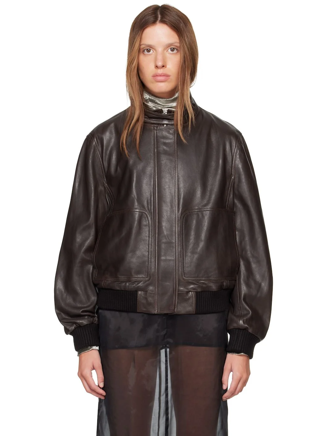 Brown Rios Leather Bomber Jacket - 1