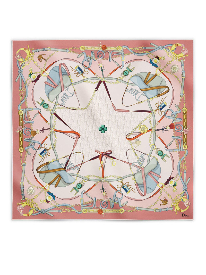 DIOR SADDLE CHARMS 90 SQUARE SCARF IN PINK AND YELLOW SILK TWILL 1