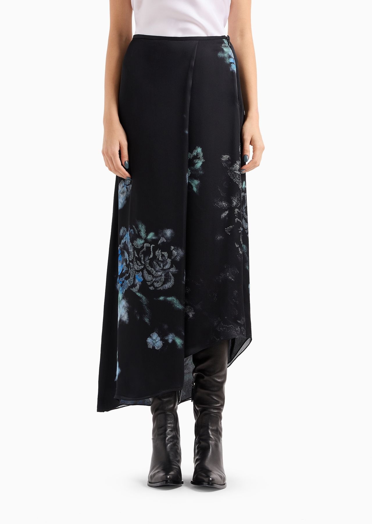 Silk charmeuse organza asymmetric skirt with a floral print - 2