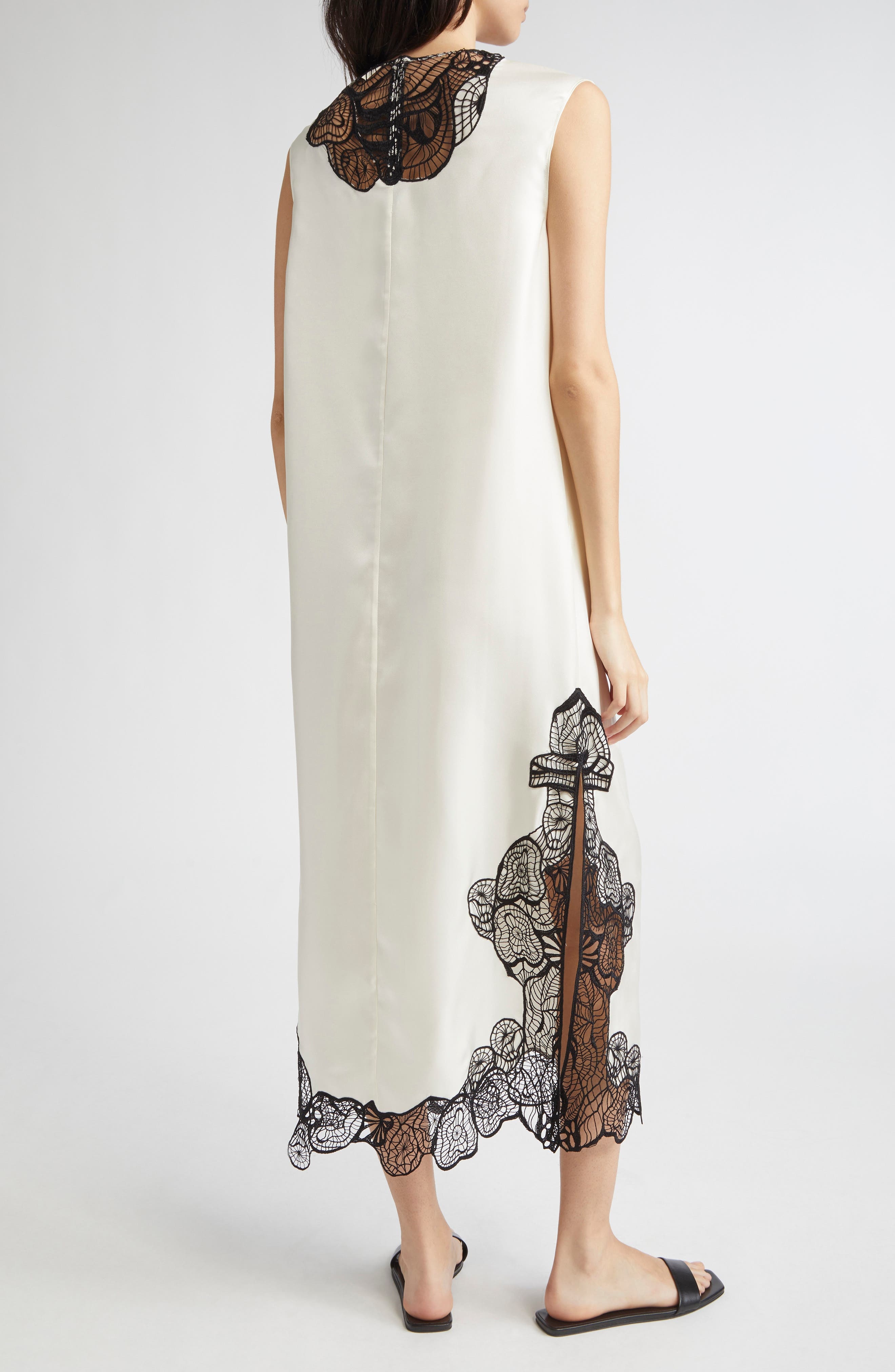 LOULOU DE SAISON Uma Lace Trim Silk Twill Maxi Dress in Ivory/Black at Nordstrom - 2