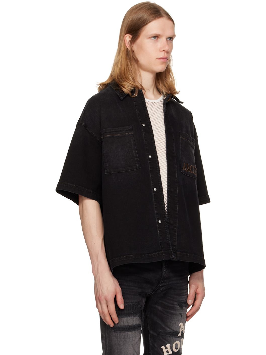Black 'AMIRI' 3D Short Sleeve Snap Denim Shirt - 2