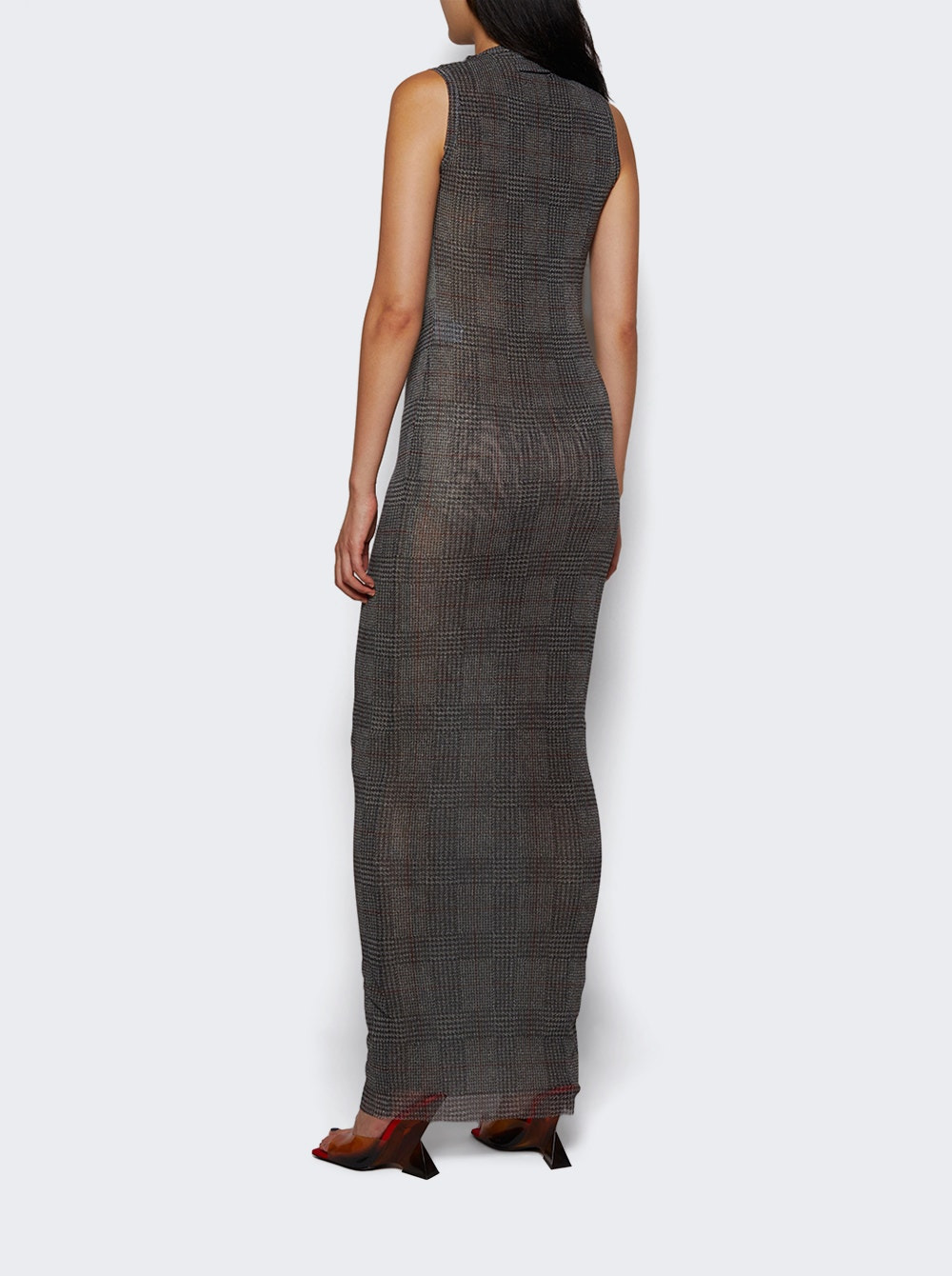 Printed Body Shadow And Prince Of Wales Mesh Long Dress Light Grey And Vanilla - 4