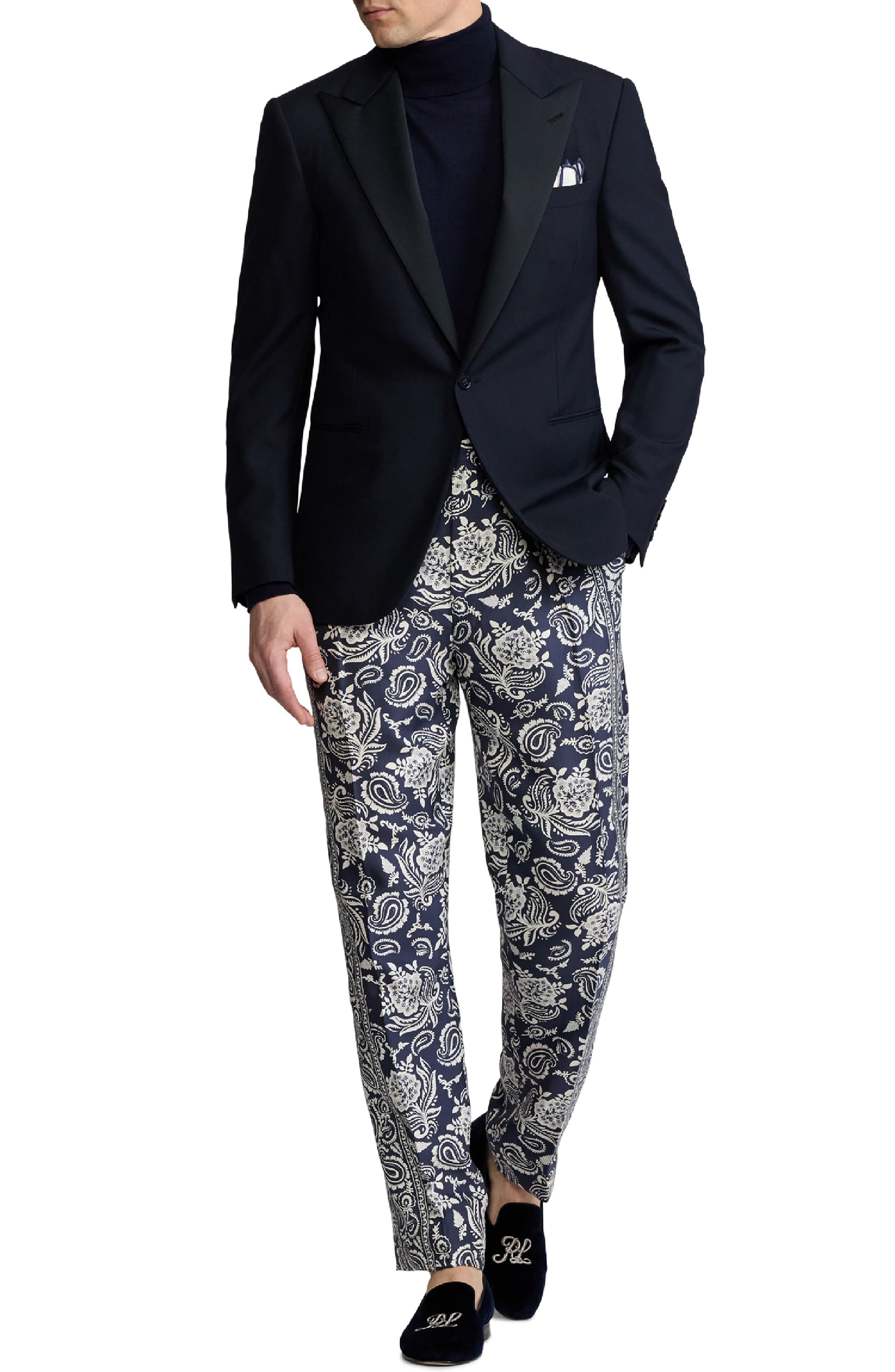 Ralph Lauren Purple Label Maiori Choppa Print Silk Trousers in Navy Bi-Color at Nordstrom - 6